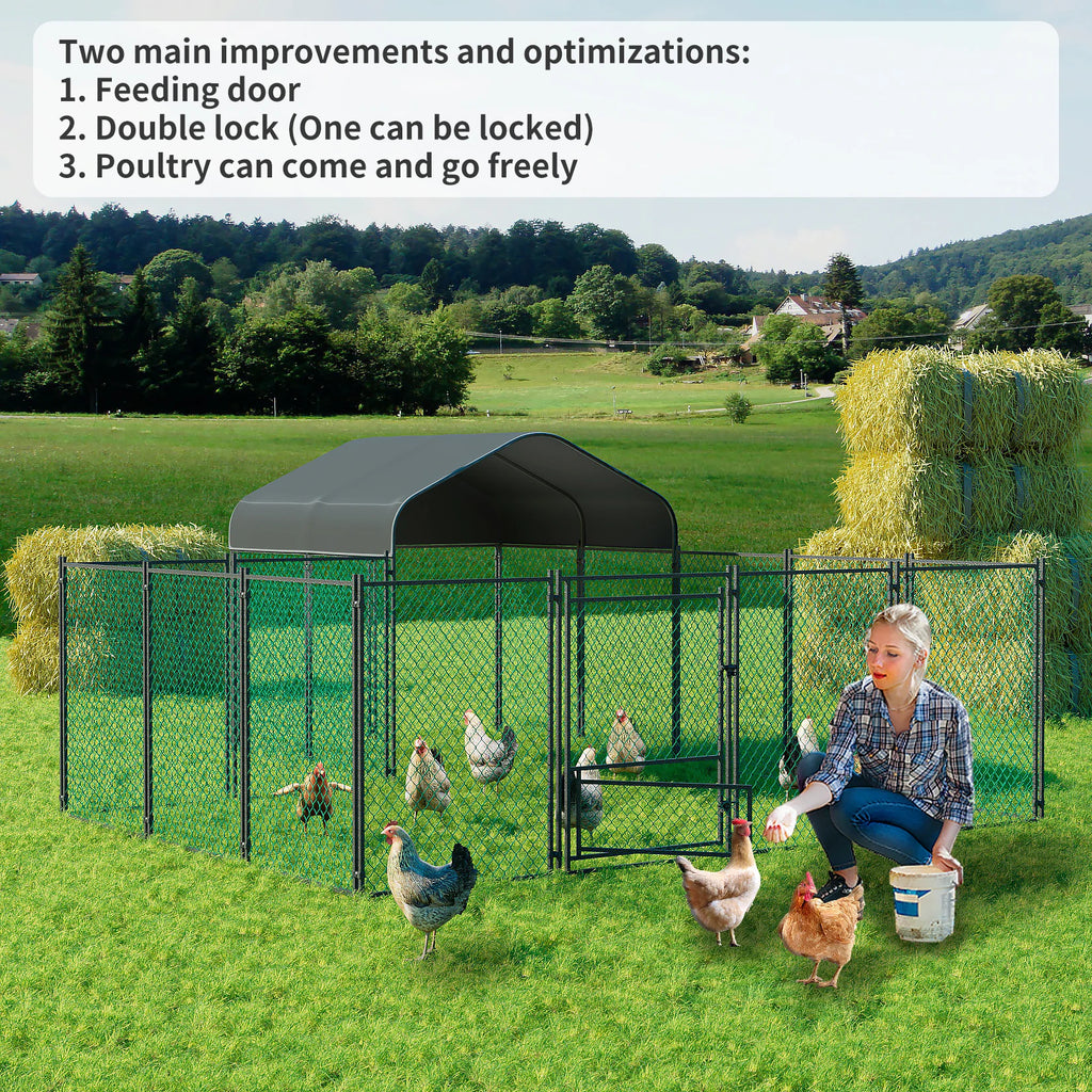 Walk-In Chicken Coop Run 12.9 × 10.2 ft, Galvanized Steel Pen with Waterproof Cover, Lockable Door & Ground Stakes