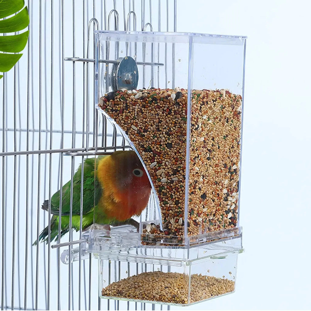 Bird Feeder for Cages 7.3", No-Mess Acrylic Seed Hopper with Husk Tray