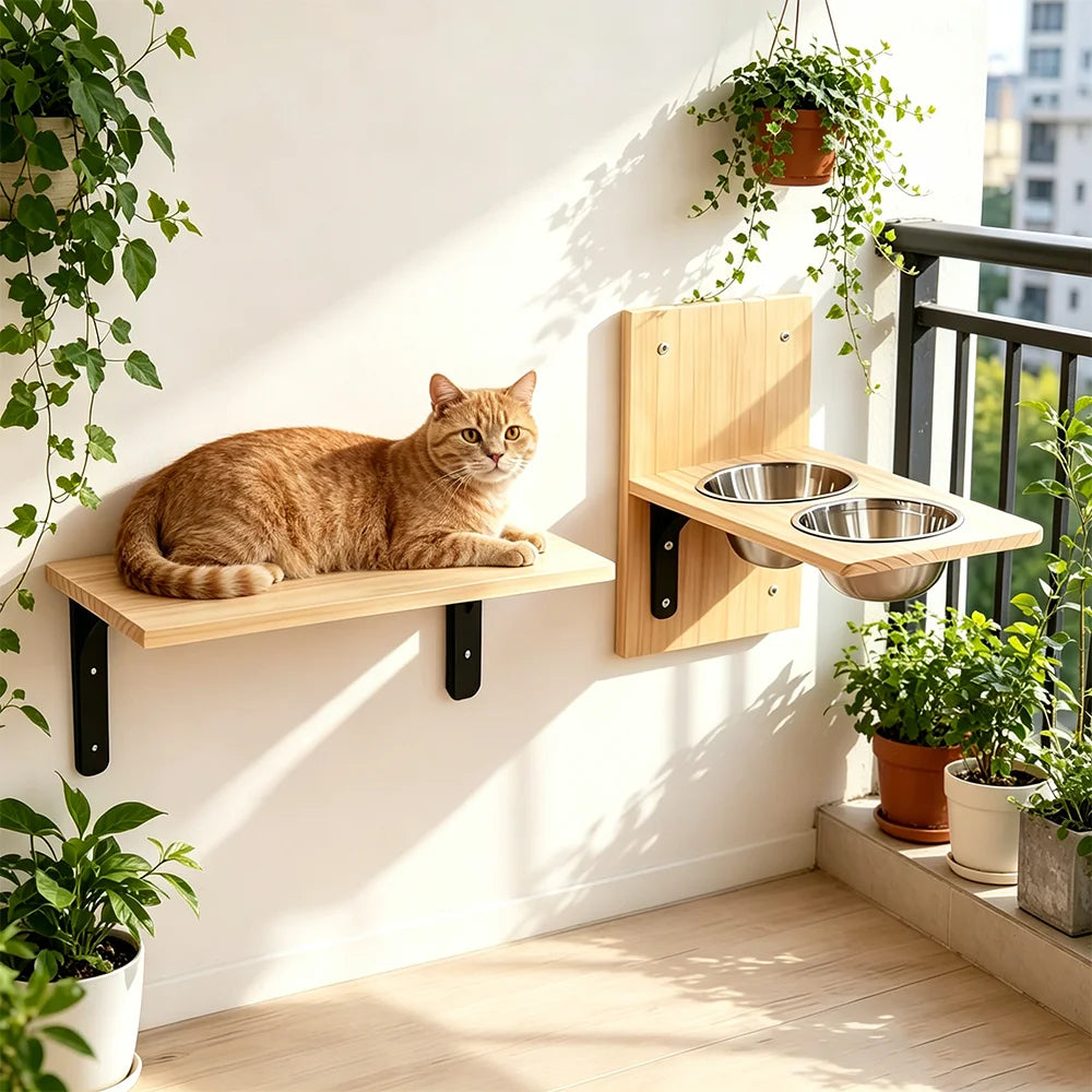 Cat Wall Shelves 15.7" x 9.8", with Removable Feeding Station & 2 Steel Bowls