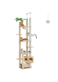 Cat Tree Floor to Ceiling 93"-101", Wooden Tower with Hammock, Condo & Sisal Posts