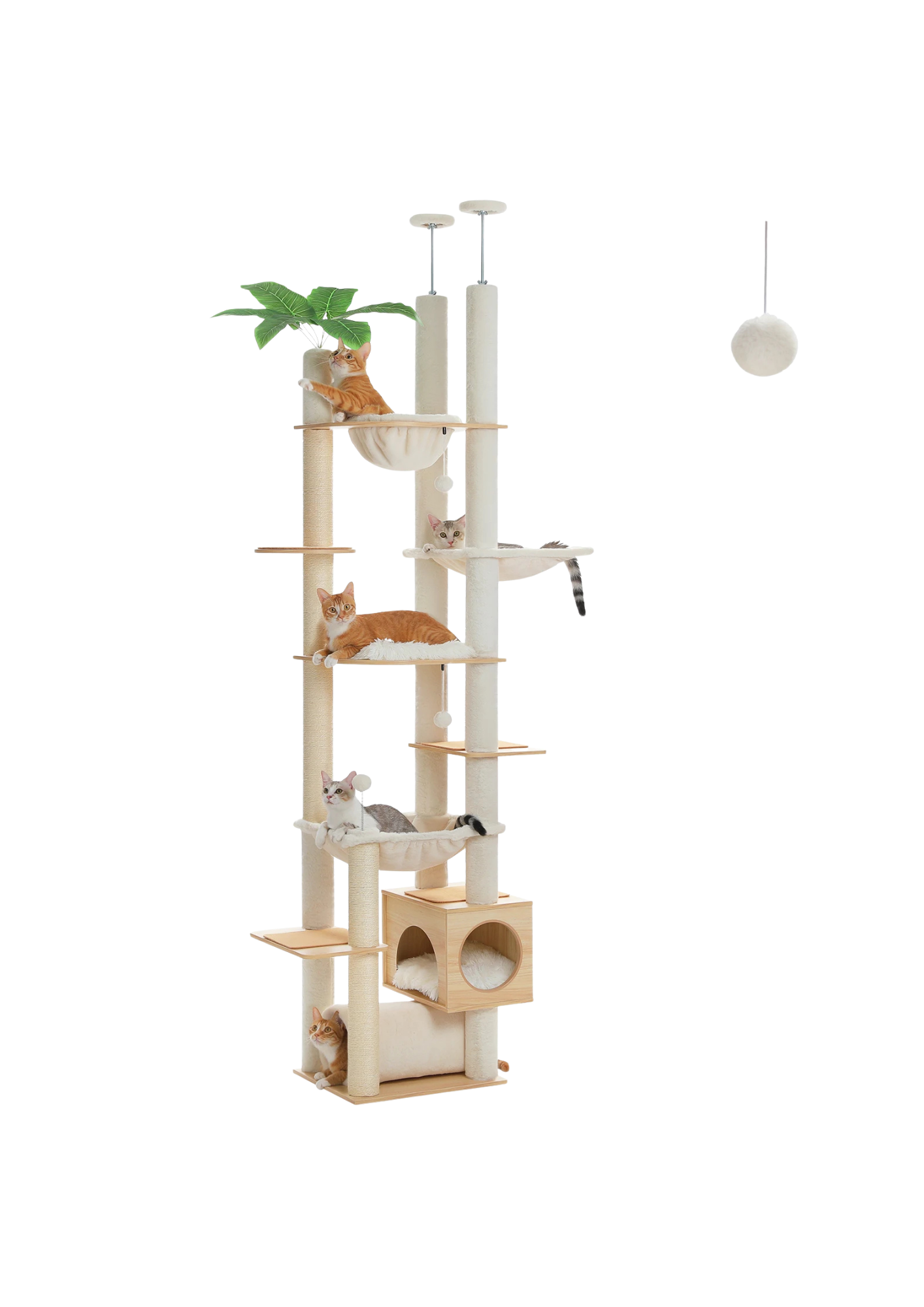 Cat Tree Floor to Ceiling 93"-101", Wooden Tower with Hammock, Condo & Sisal Posts