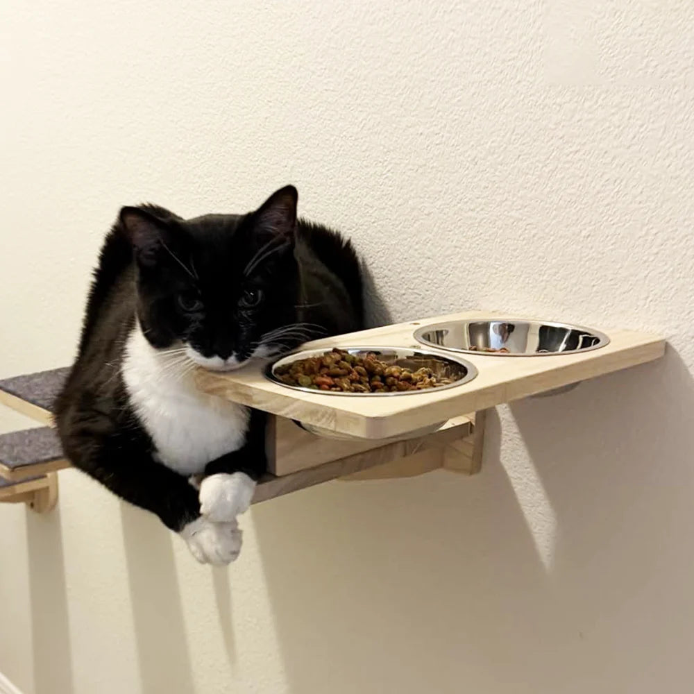 Cat Wall Shelves 15.7" x 9.8", with Removable Feeding Station & 2 Steel Bowls