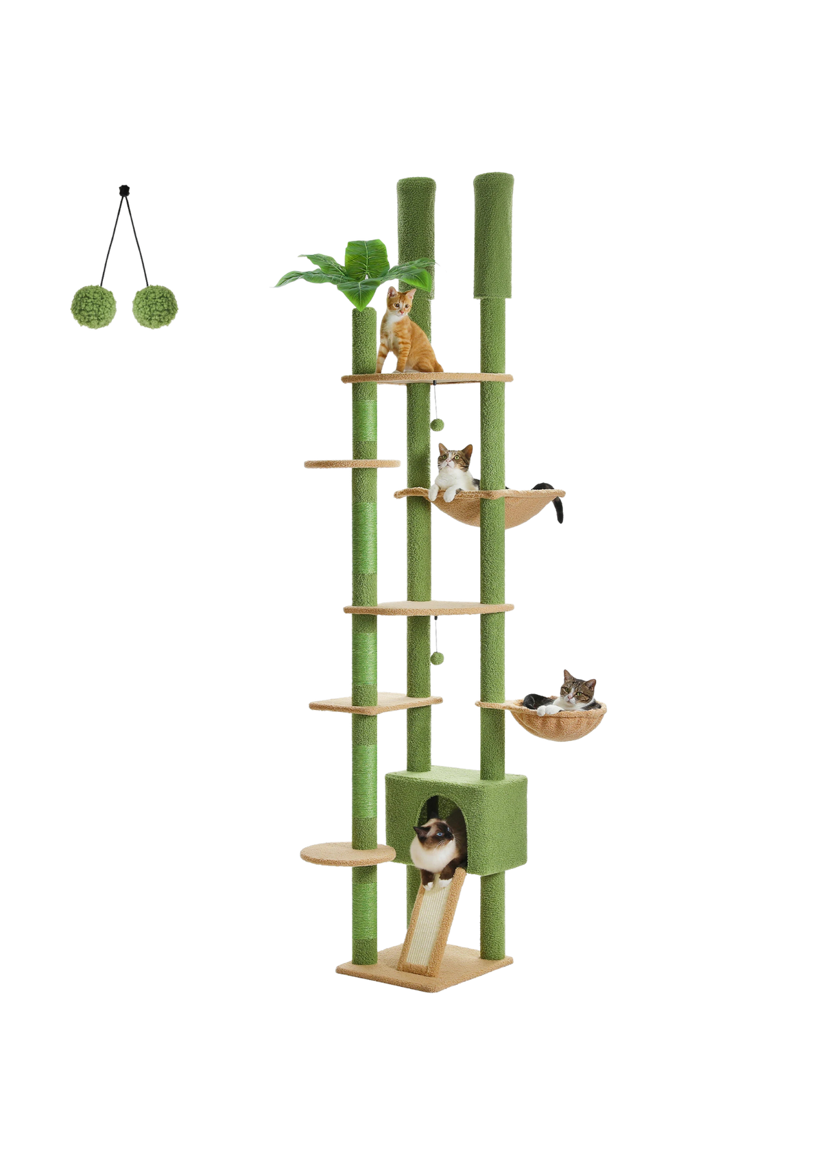 Cat Tree Floor to Ceiling 93"-101", Wooden Tower with Hammock, Condo & Sisal Posts