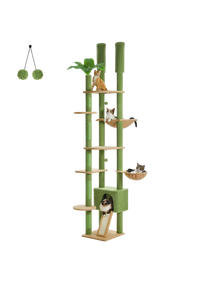 Cat Tree Floor to Ceiling 93"-101", Wooden Tower with Hammock, Condo & Sisal Posts