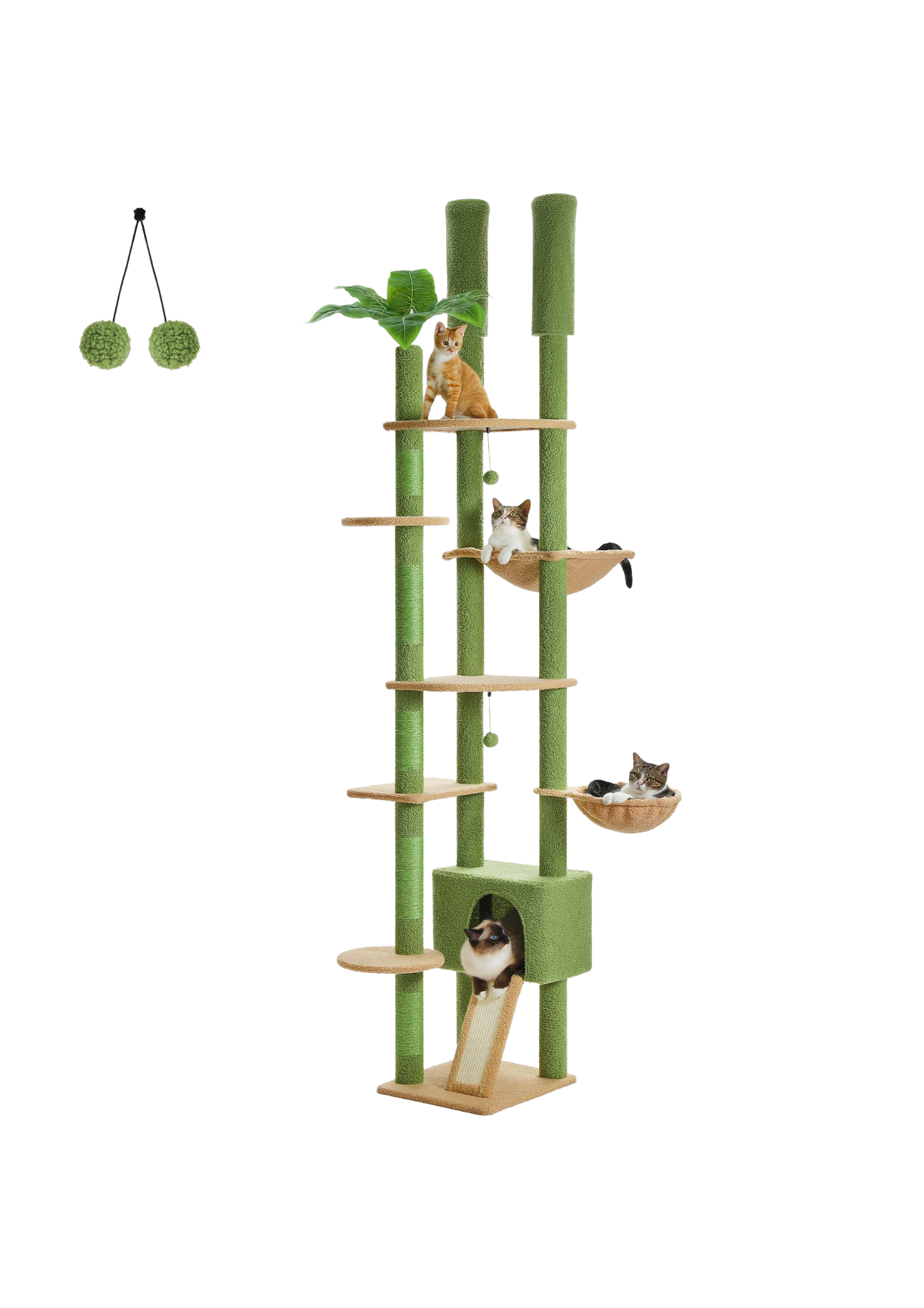Cat Tree Floor to Ceiling 93"-101", Wooden Tower with Hammock, Condo & Sisal Posts