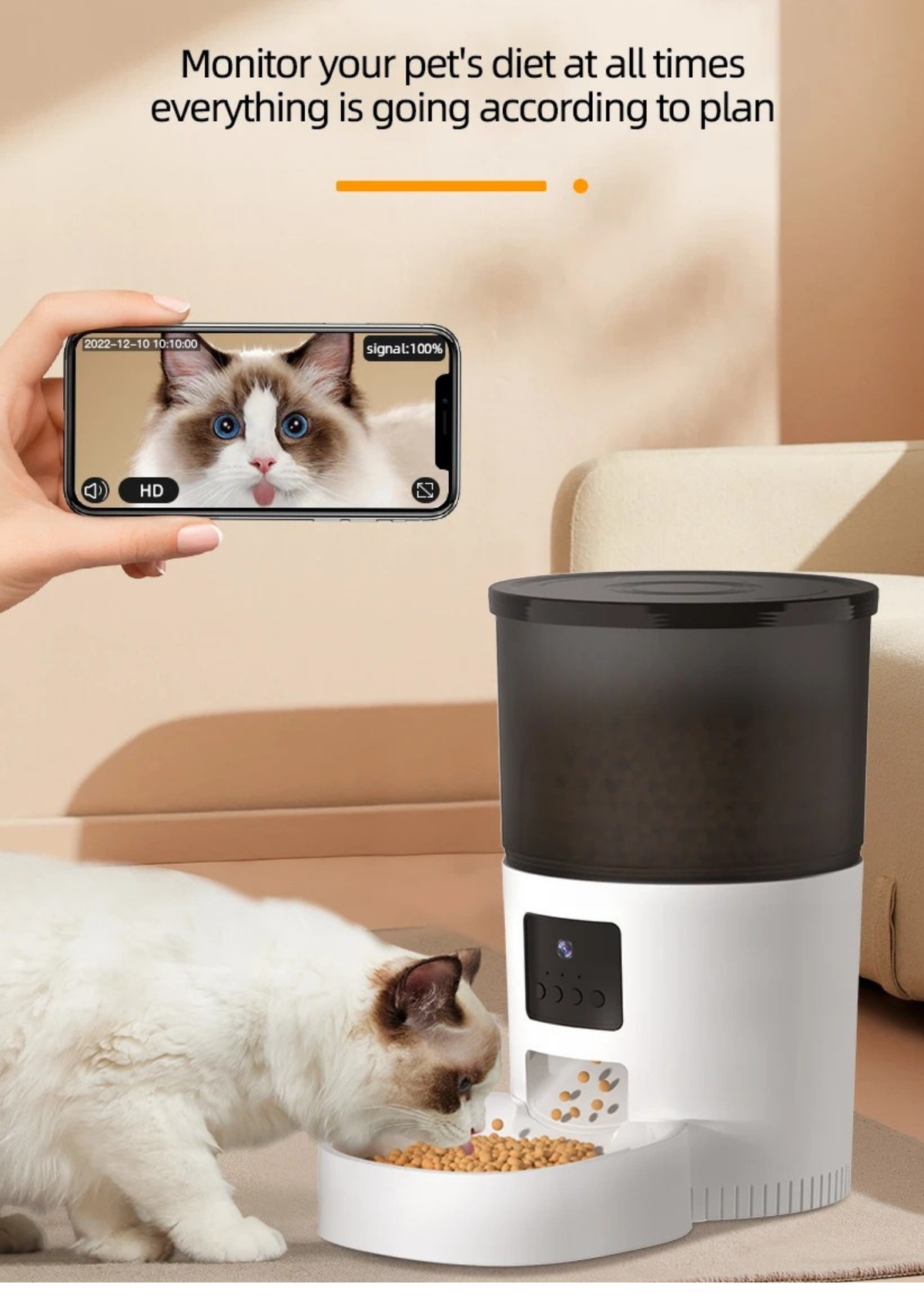 Automatic Cat Feeder 3L with HD Camera, 2-Way Talk, App Scheduling & 10-Second Meal Call