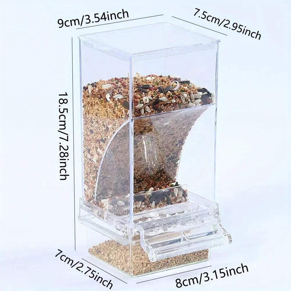 Bird Feeder for Cages 7.3", No-Mess Acrylic Seed Hopper with Husk Tray
