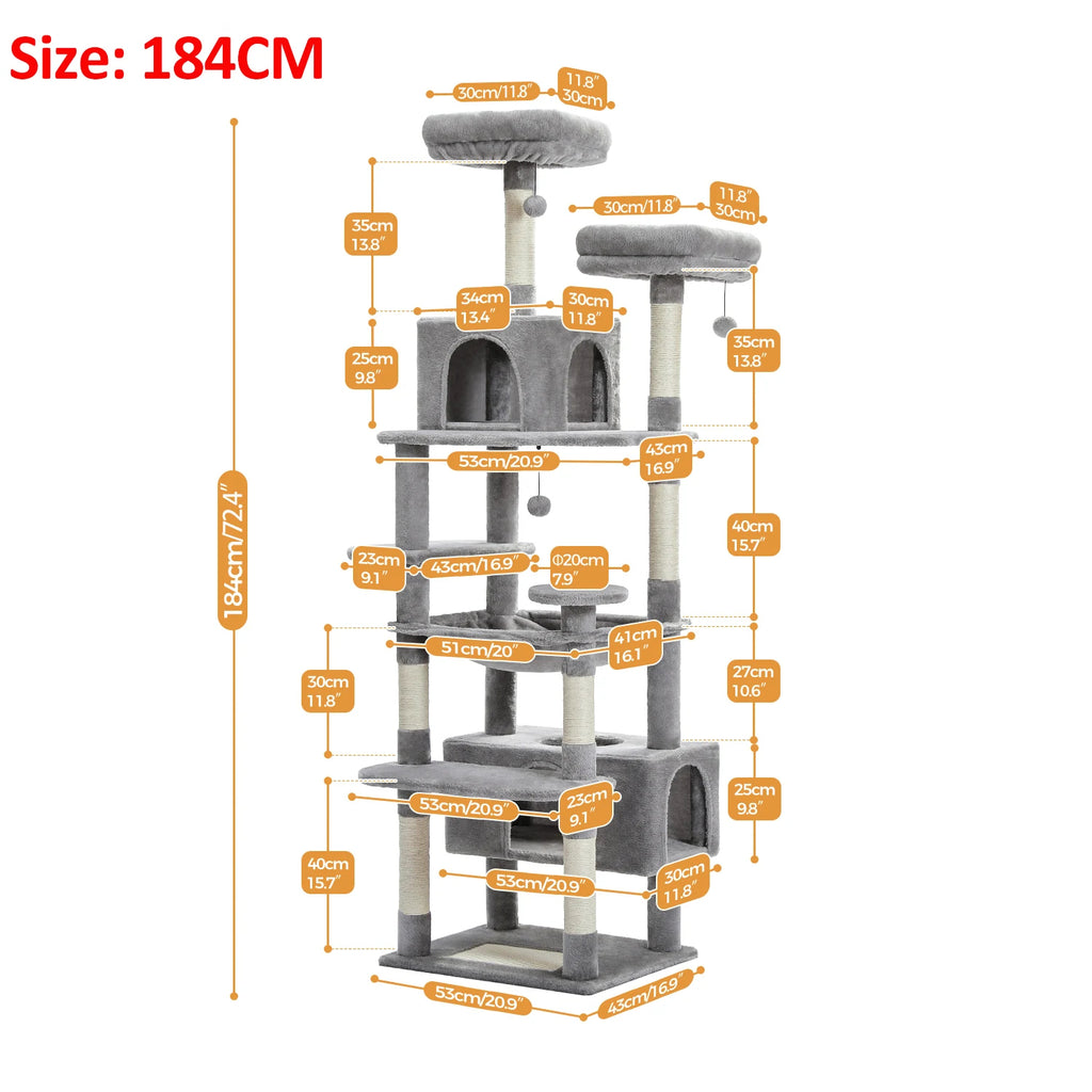 Large Indoor Cat Tree 184cm, 8-Level with Sisal, Hammock & Condo