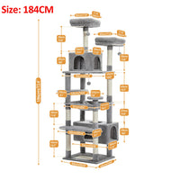 Large Indoor Cat Tree 184cm, 8-Level with Sisal, Hammock & Condo