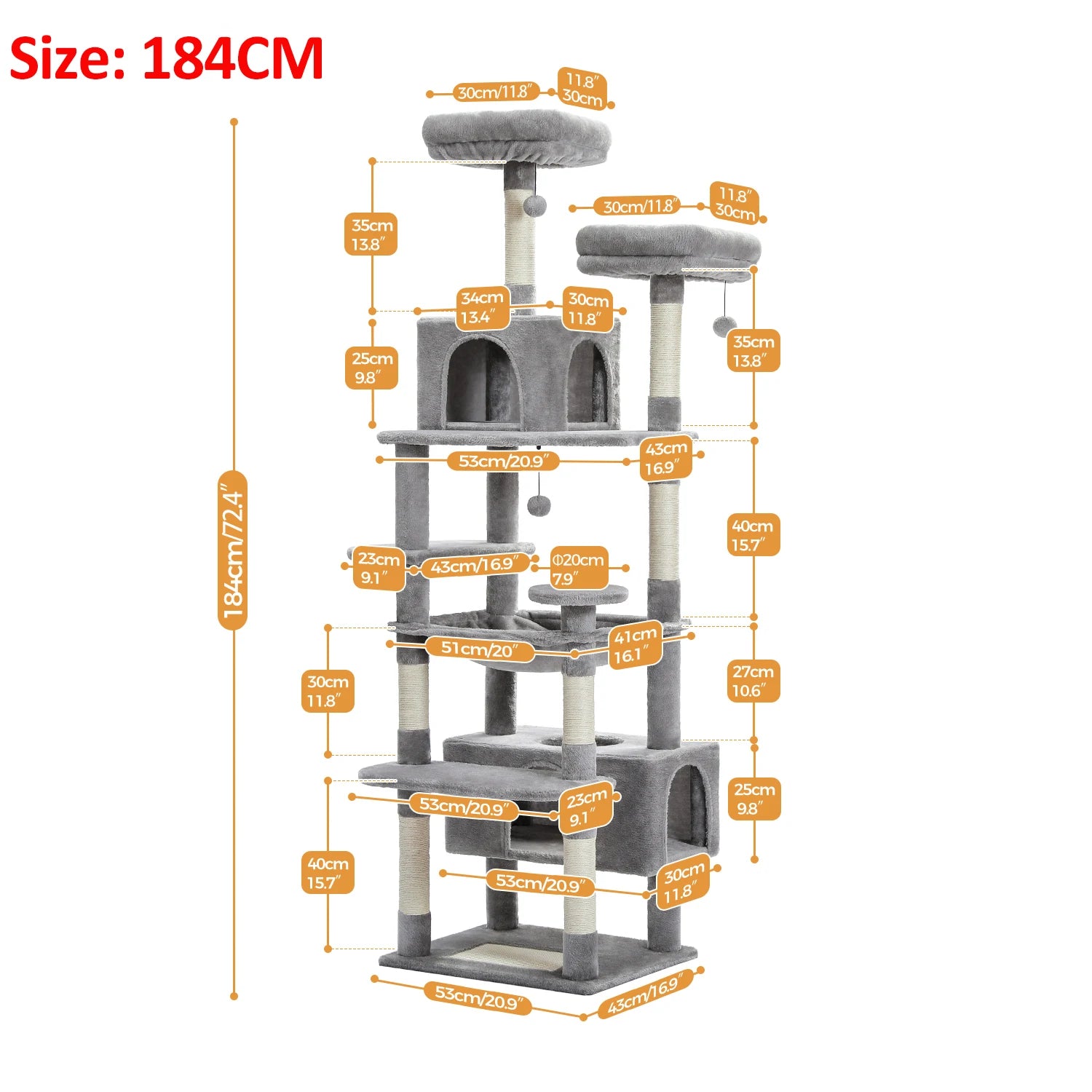 Large Indoor Cat Tree 184cm, 8-Level with Sisal, Hammock & Condo