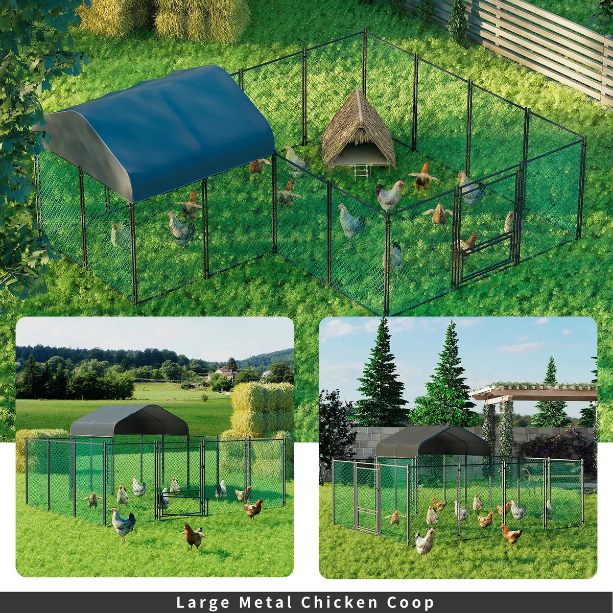 Walk-In Chicken Coop Run 12.9 × 10.2 ft, Galvanized Steel Pen with Waterproof Cover, Lockable Door & Ground Stakes