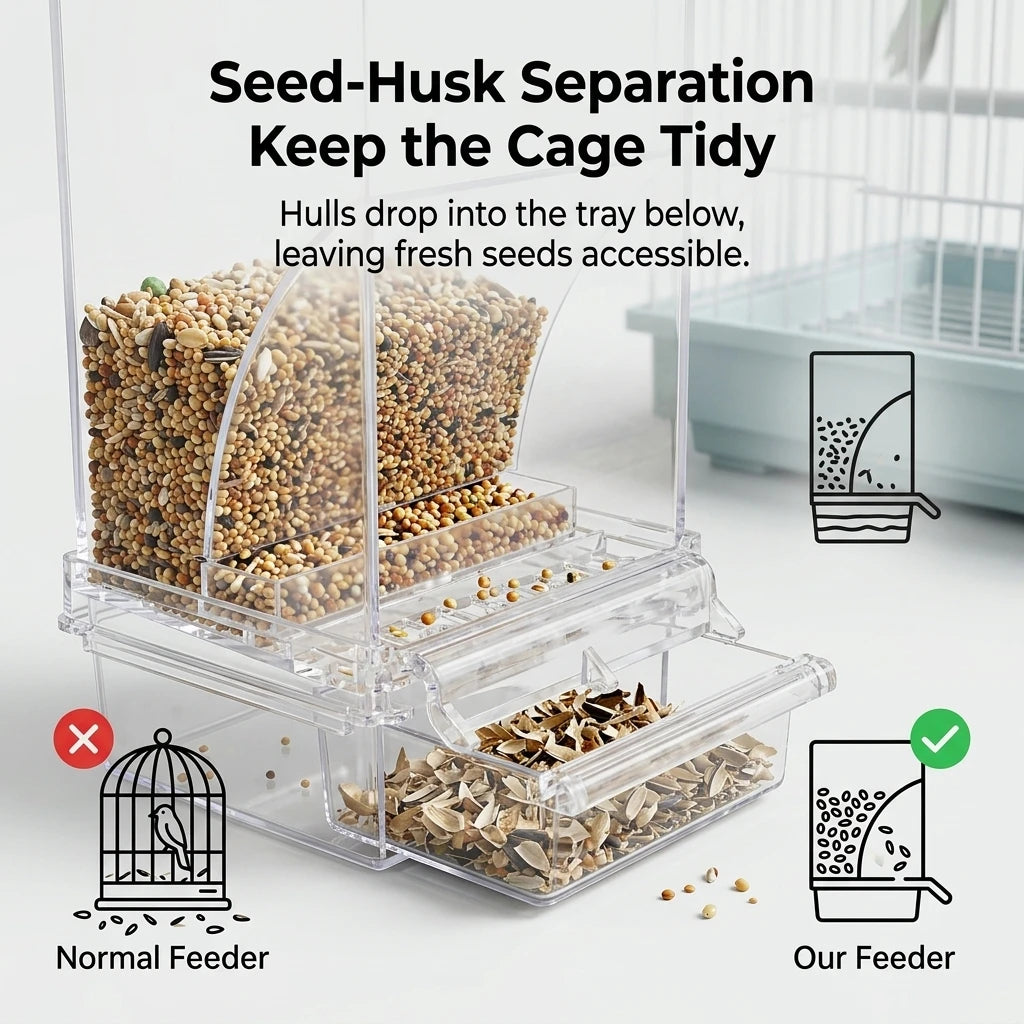 Bird Feeder for Cages 7.3", No-Mess Acrylic Seed Hopper with Husk Tray