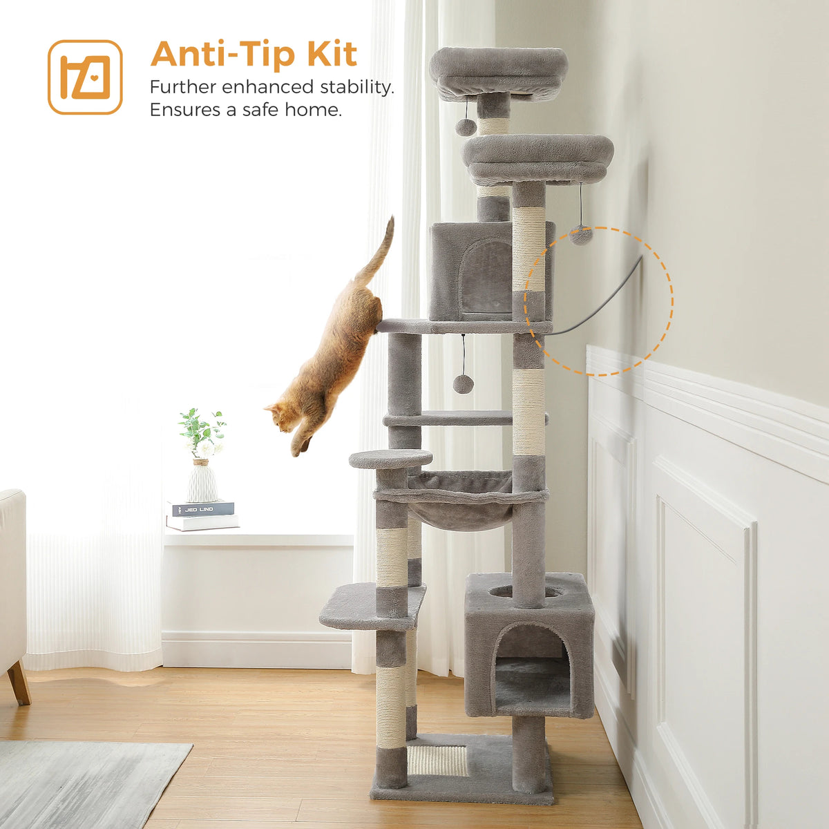 Large Indoor Cat Tree 184cm, 8-Level with Sisal, Hammock & Condo