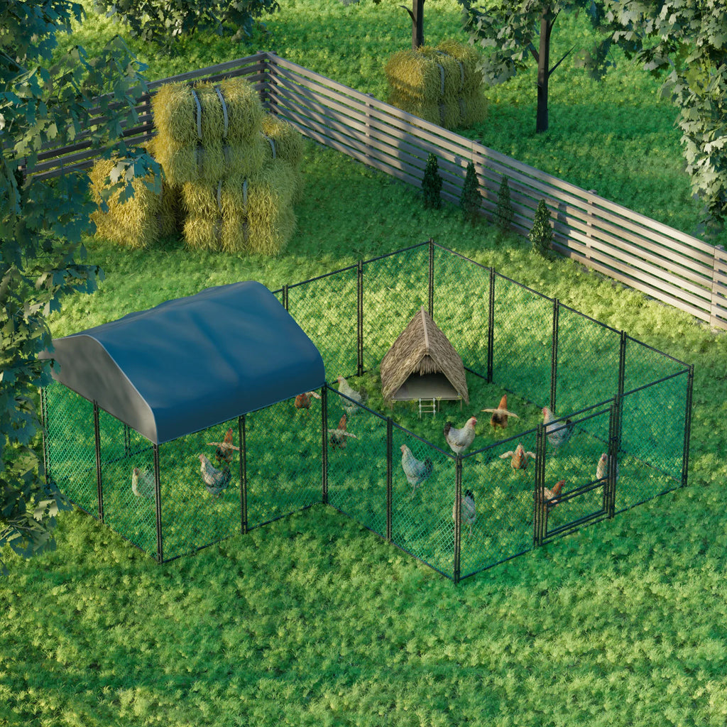 Walk-In Chicken Coop Run 12.9 × 10.2 ft, Galvanized Steel Pen with Waterproof Cover, Lockable Door & Ground Stakes
