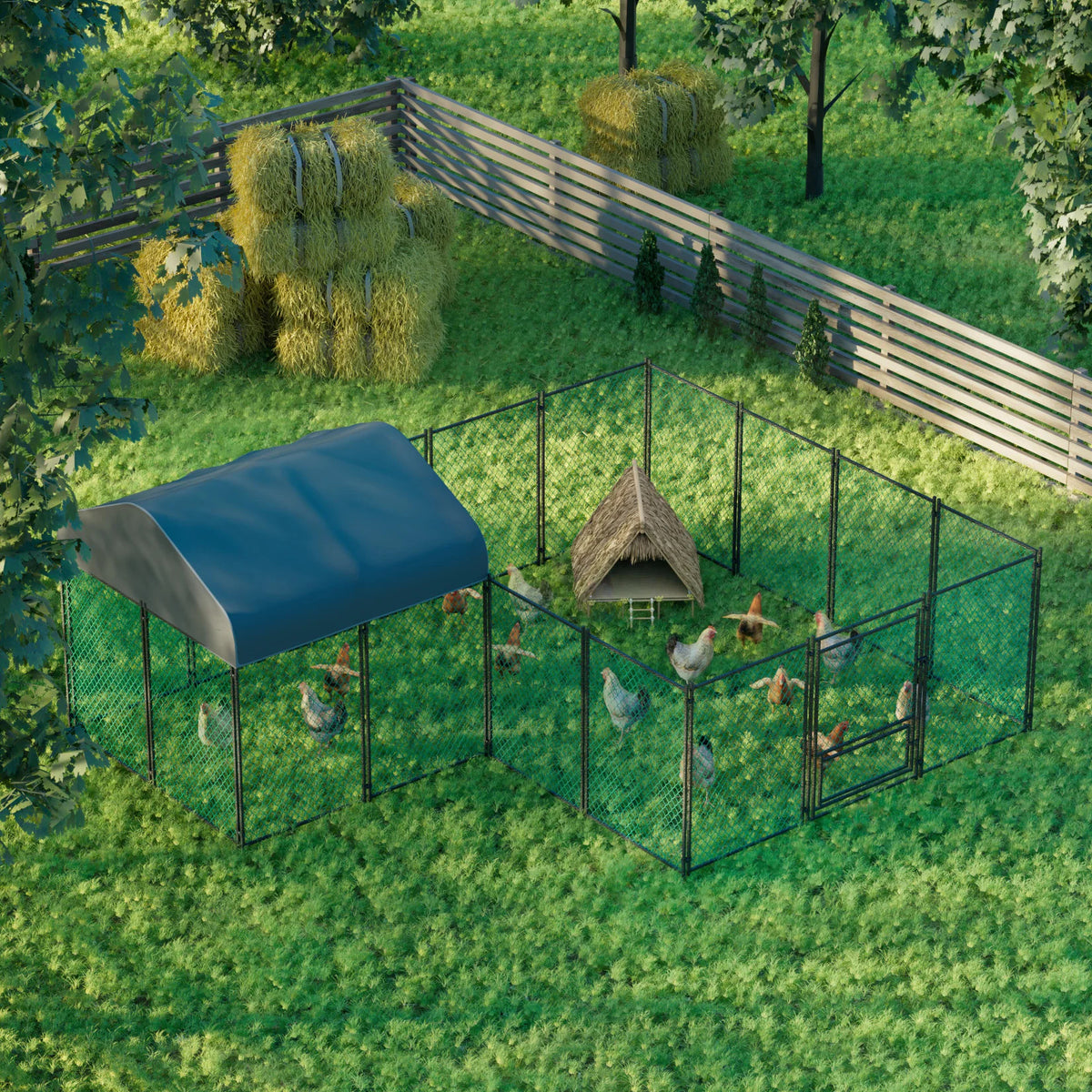 Walk-In Chicken Coop Run 12.9 × 10.2 ft, Galvanized Steel Pen with Waterproof Cover, Lockable Door & Ground Stakes