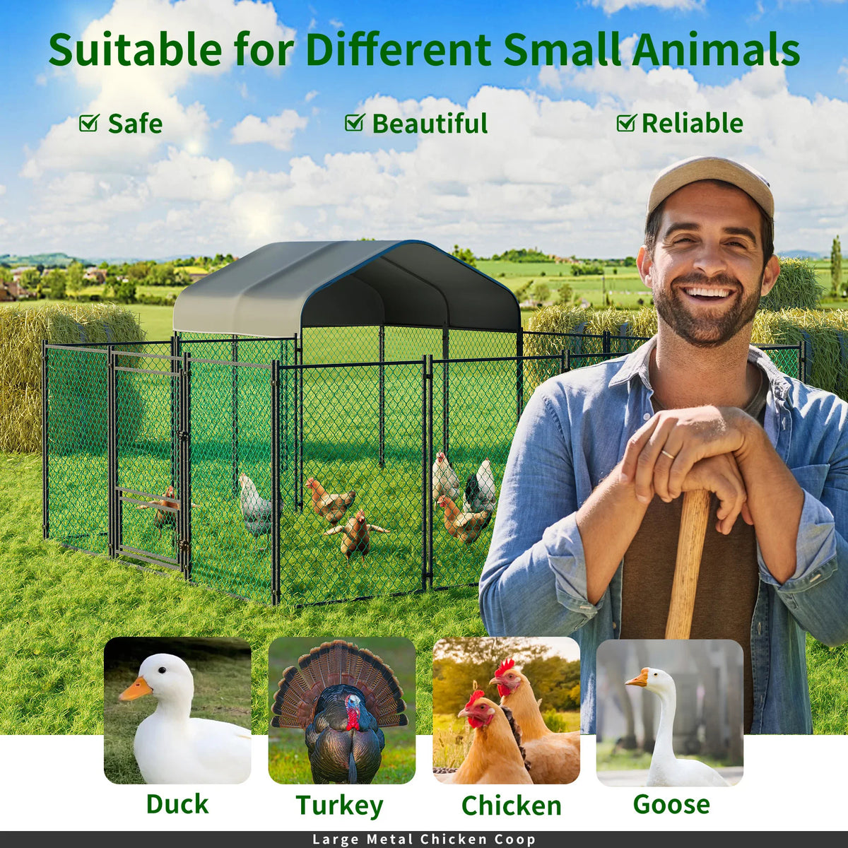 Walk-In Chicken Coop Run 12.9 × 10.2 ft, Galvanized Steel Pen with Waterproof Cover, Lockable Door & Ground Stakes