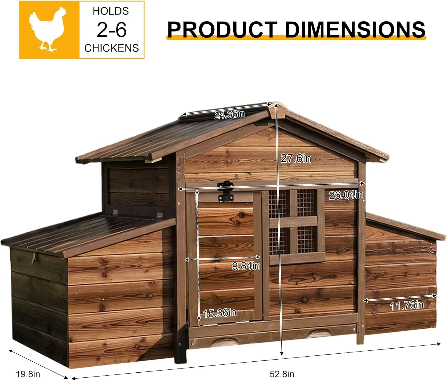 Wooden Chicken Coop with 2 Nesting Boxes, Outdoor Hen House with Pull-Out Tray, Ramp & Ventilated Run