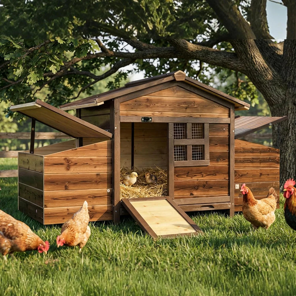 Wooden Chicken Coop with 2 Nesting Boxes, Outdoor Hen House with Pull-Out Tray, Ramp & Ventilated Run