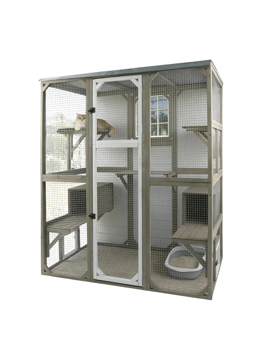 Catio Walk-In 67.7", Fir Wood with 5 Platforms, 2 Napping Houses & Window Access