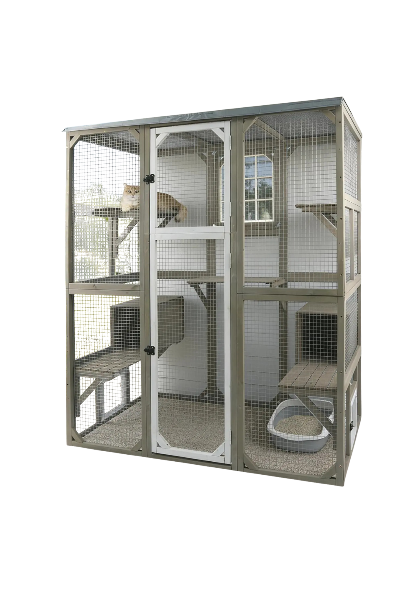 Catio Walk-In 67.7", Fir Wood with 5 Platforms, 2 Napping Houses & Window Access