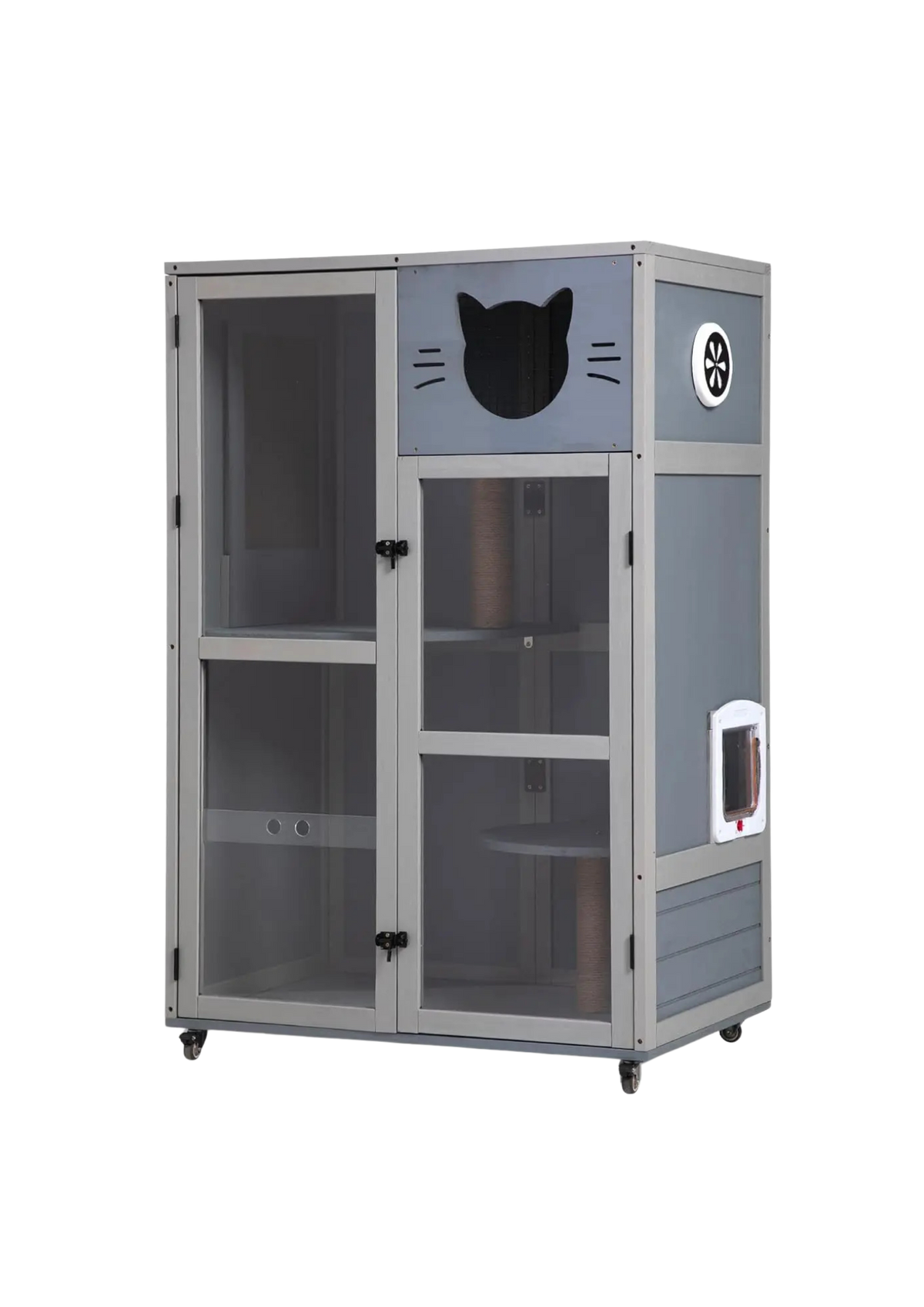 Cat House on Wheels 51", Solid Pine Villa with Condo, Sisal Posts & Litter Area