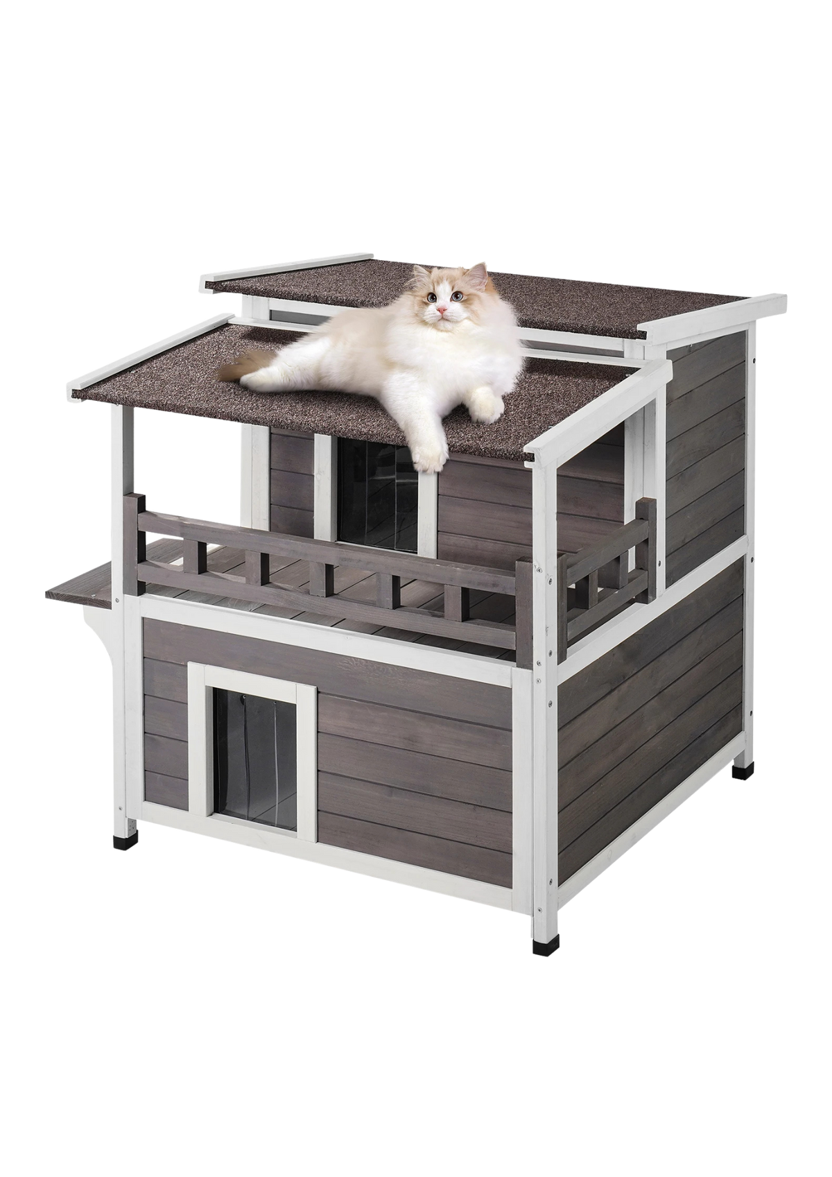 Outdoor Cat House 32", 2-Story Cedar Shelter with Balcony, Openable Roof & Door Curtain