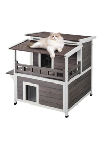 Outdoor Cat House 32", 2-Story Cedar Shelter with Balcony, Openable Roof & Door Curtain