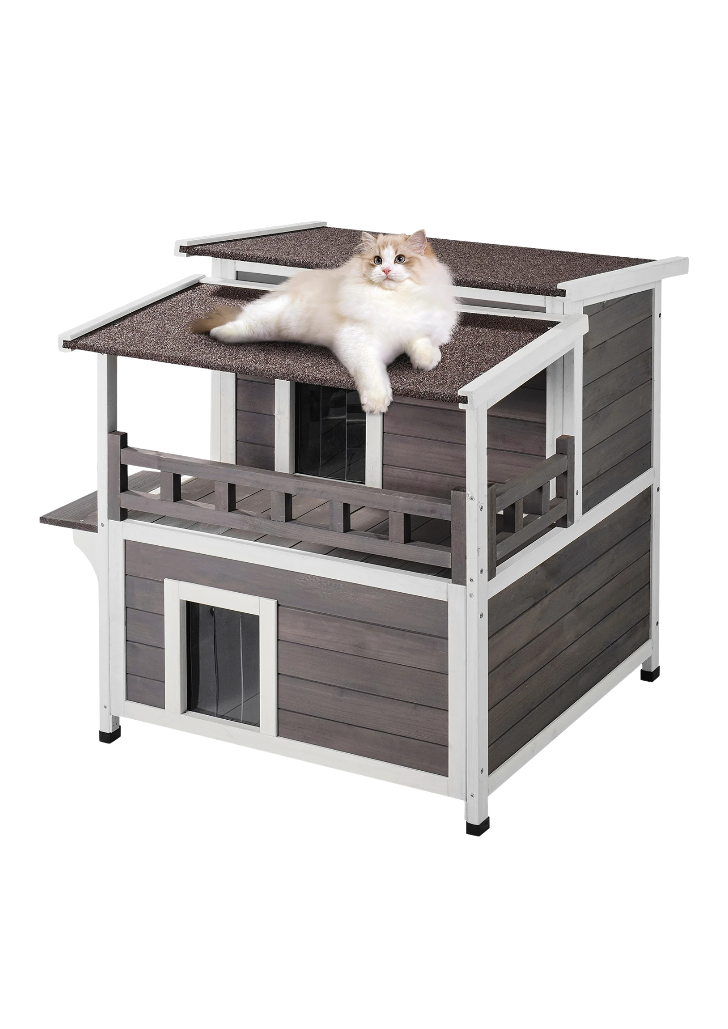 Outdoor Cat House 32", 2-Story Cedar Shelter with Balcony, Openable Roof & Door Curtain
