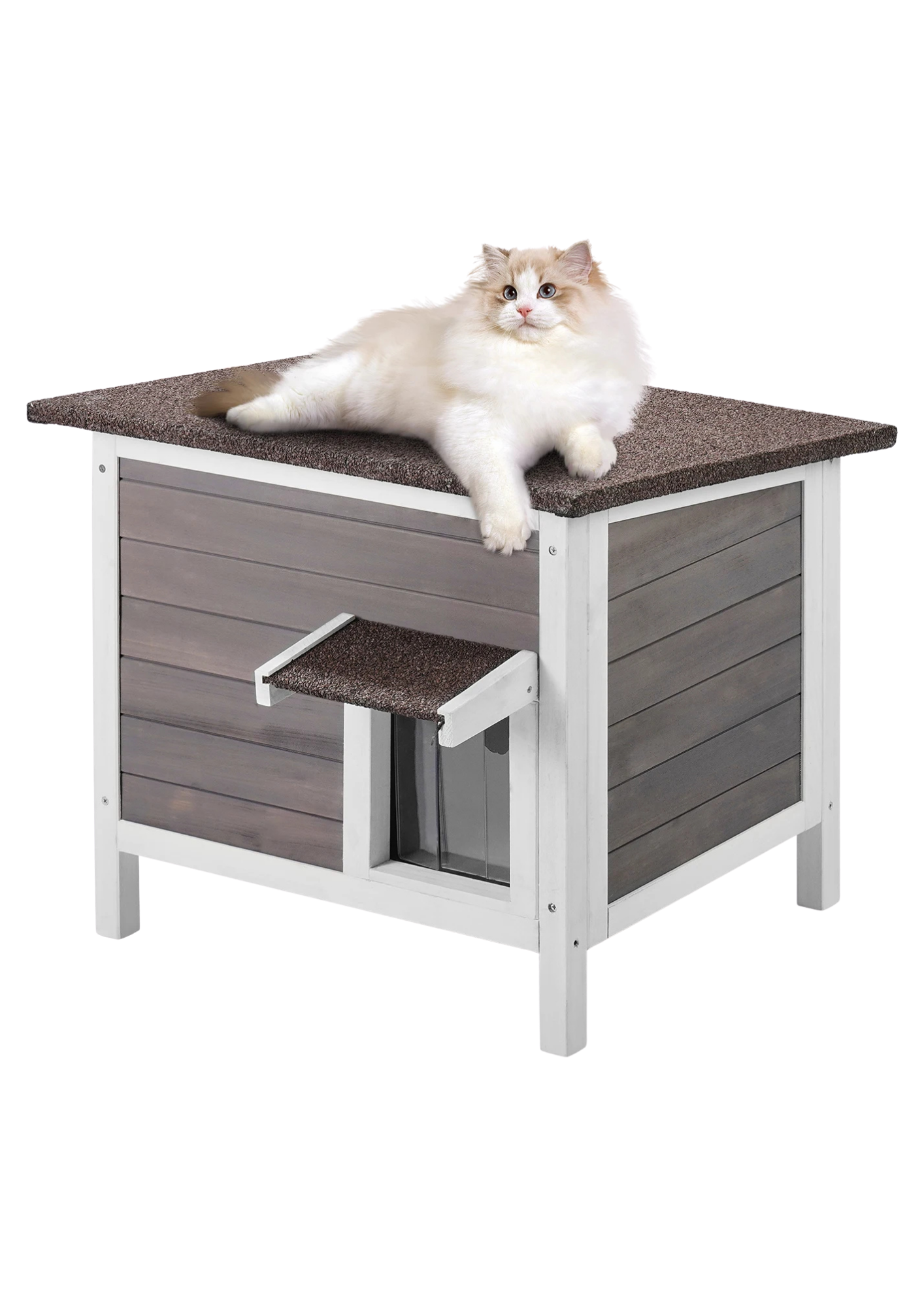 Insulated Cat House 24", Cedar with Foam Insulation, Sloped Roof & Door Curtain
