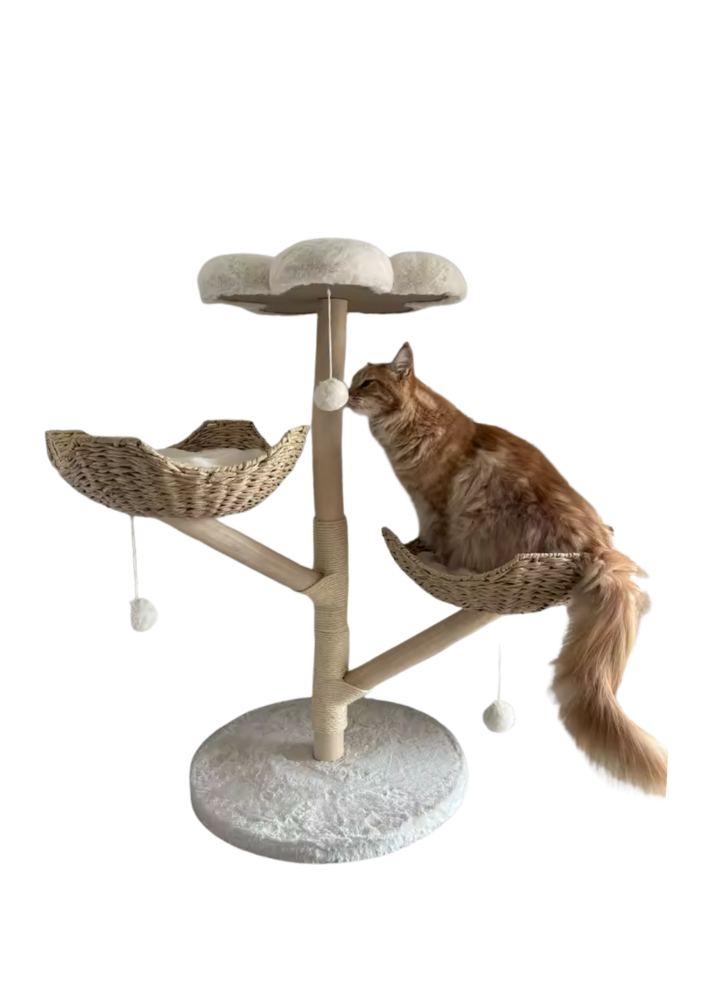 Cat Tree 44", Solid Wood with Natural Baskets, Sisal Post & Dangling Ball