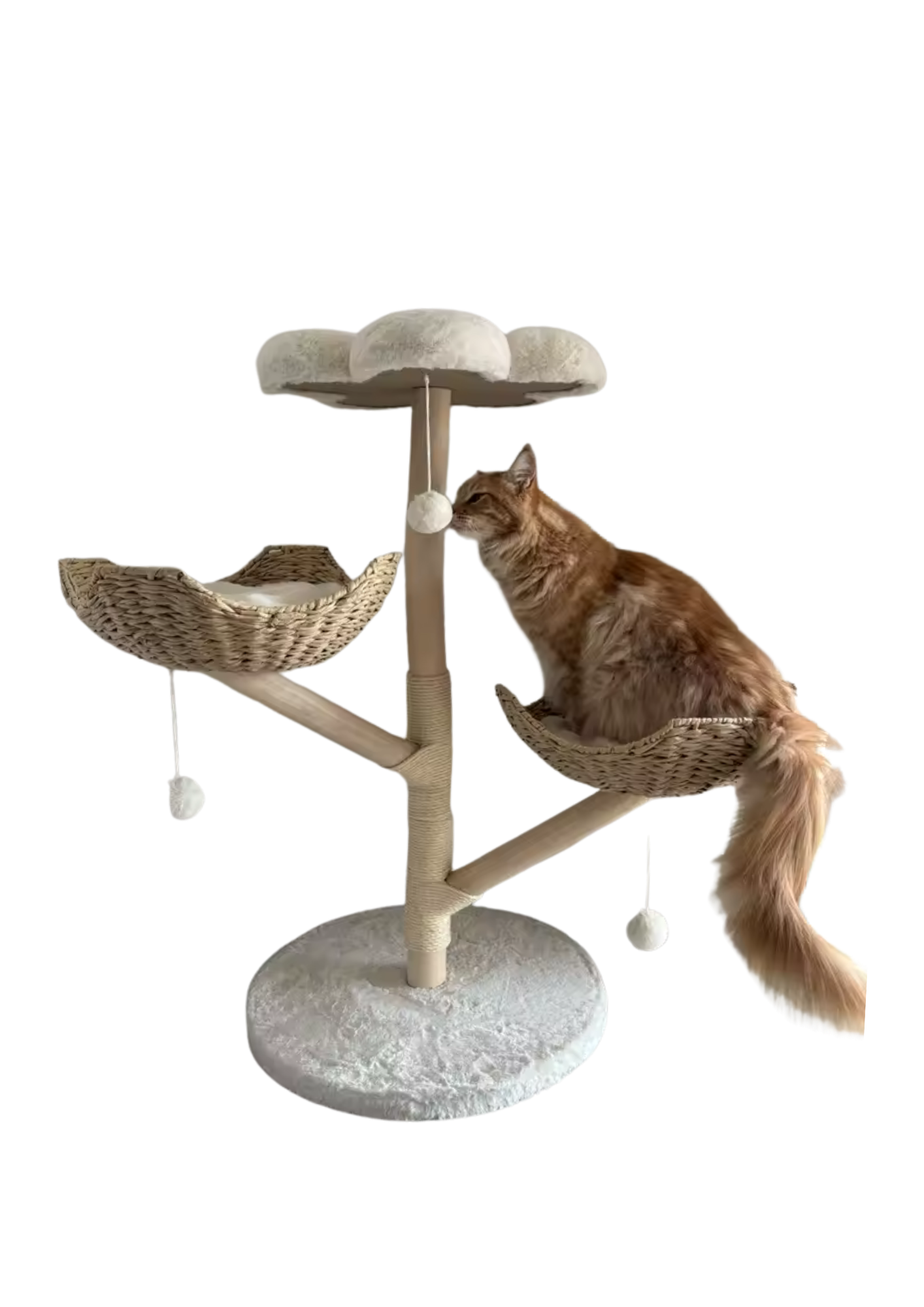 Cat Tree 44", Solid Wood with Natural Baskets, Sisal Post & Dangling Ball
