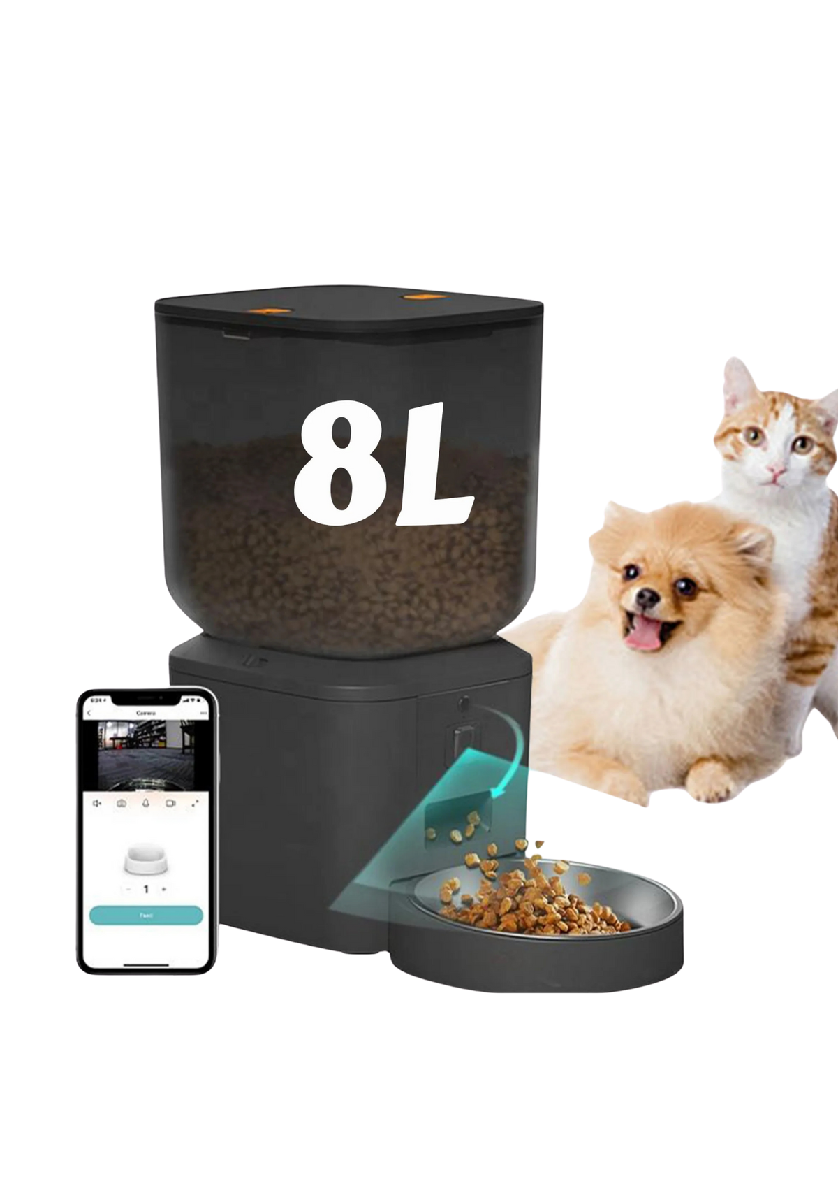 Automatic Cat Feeder 8L with 1080P Camera, Night Vision, Motion Alerts & Dual Bowl Option