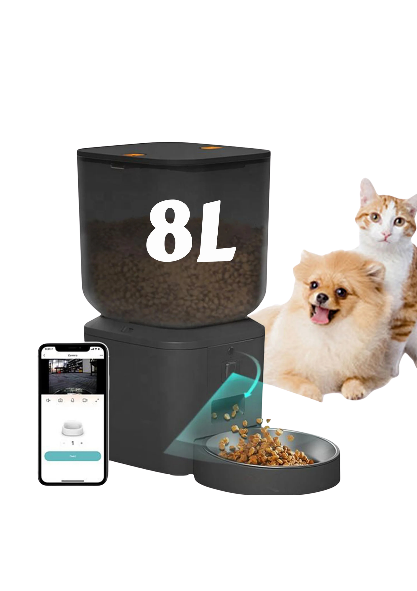 Automatic Cat Feeder 8L with 1080P Camera, Night Vision, Motion Alerts & Dual Bowl Option