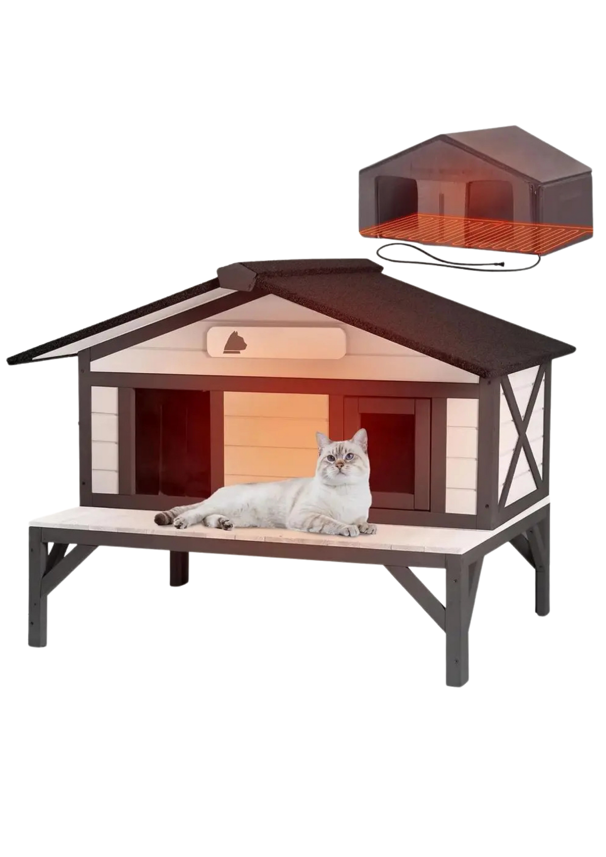 Heated Cat House 35", Large Wood Shelter with Porch, Washable Heated Pad & Thermal Liner