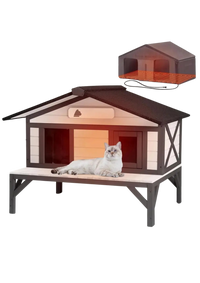 Heated Cat House 35", Large Wood Shelter with Porch, Washable Heated Pad & Thermal Liner