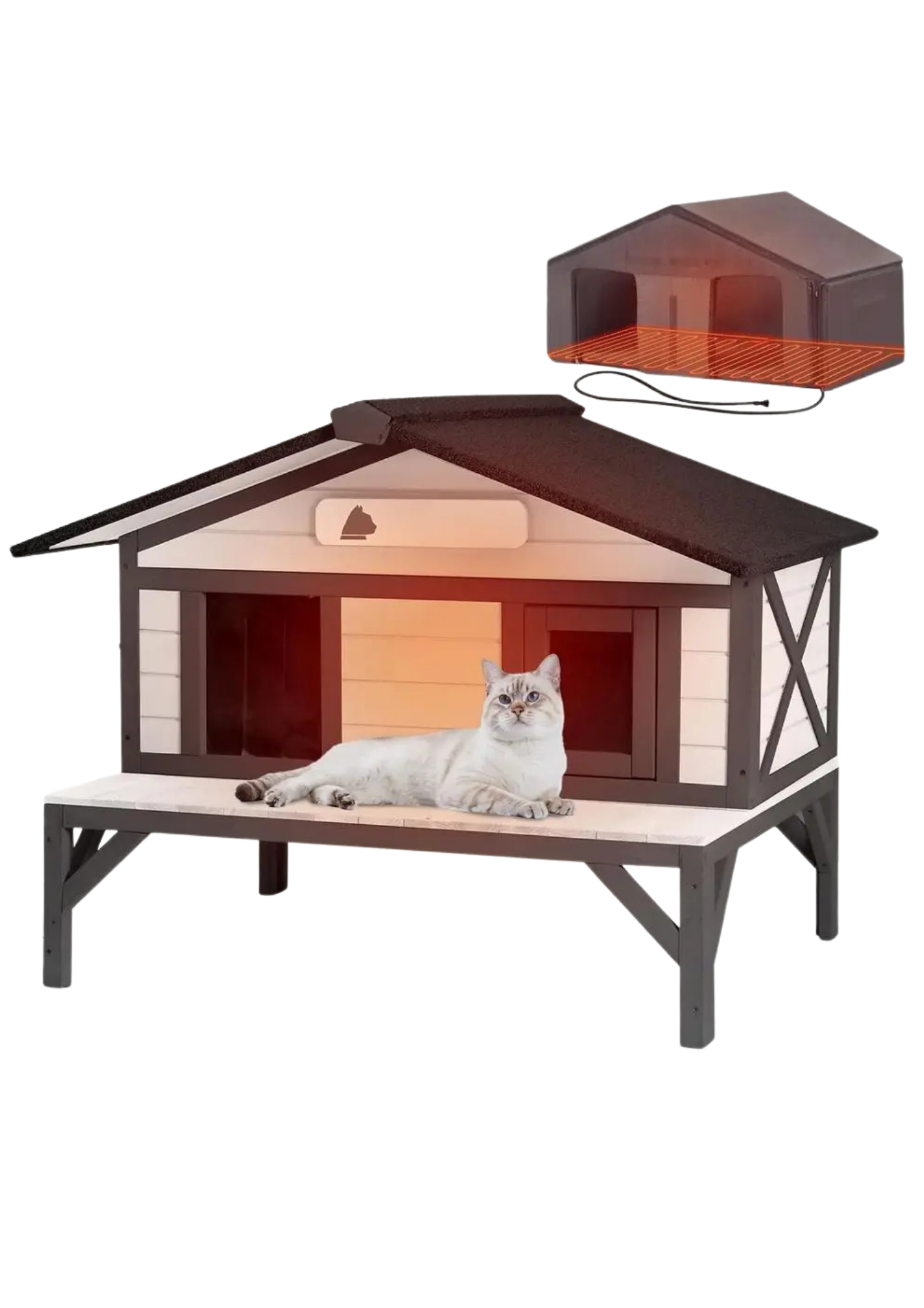 Heated Cat House 35", Large Wood Shelter with Porch, Washable Heated Pad & Thermal Liner
