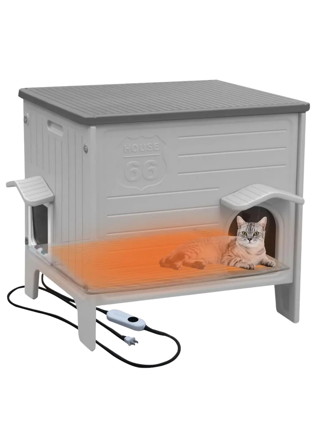 Heated Cat House 27", Weatherproof with Adjustable Heating Pad, Escape Door & Curtains