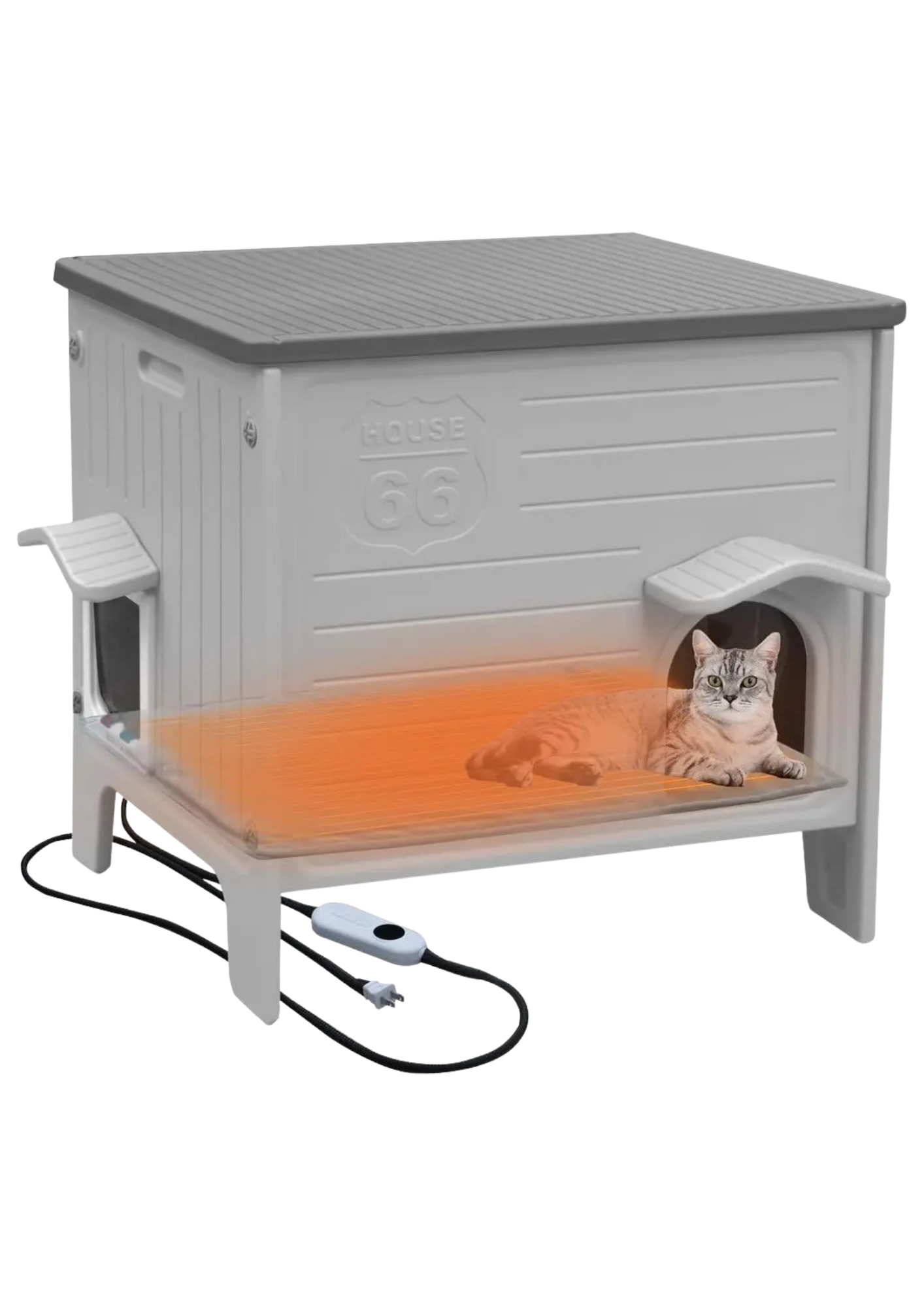 Heated Cat House 27", Weatherproof with Adjustable Heating Pad, Escape Door & Curtains