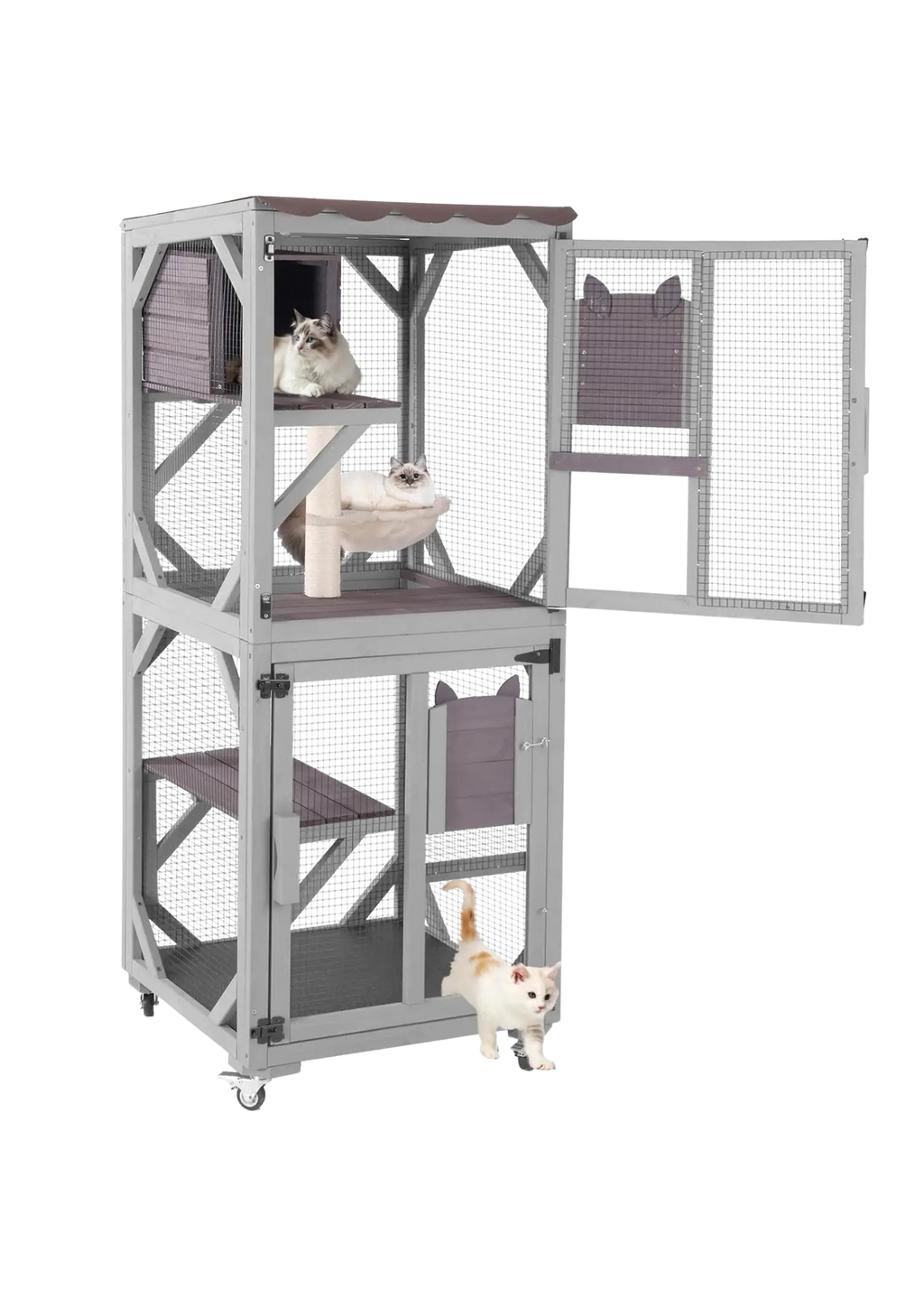 Catio Tower on Wheels 62.8", 4-Tier with Condo, Hammock & Window Access