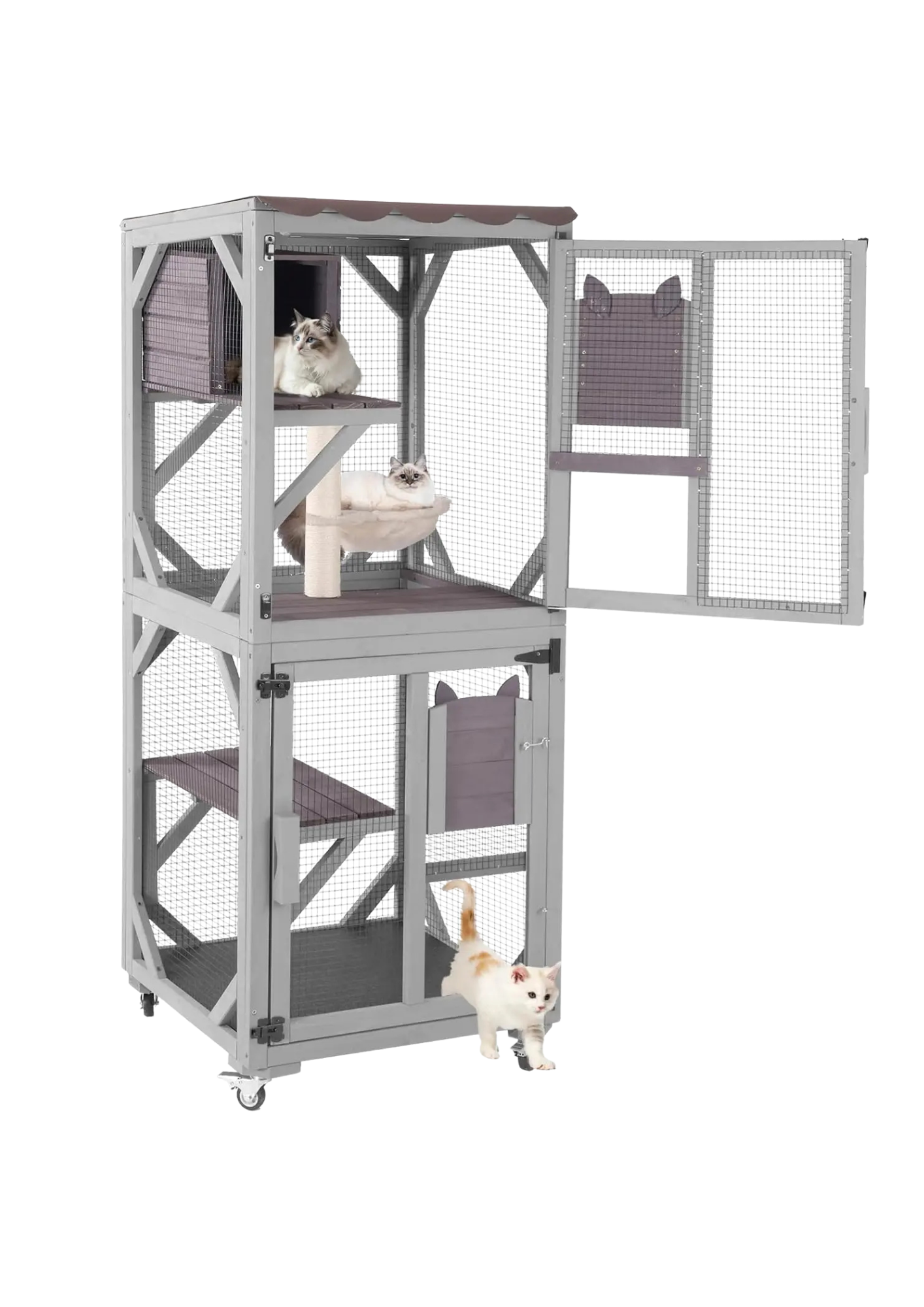 Catio Tower on Wheels 62.8", 4-Tier with Condo, Hammock & Window Access