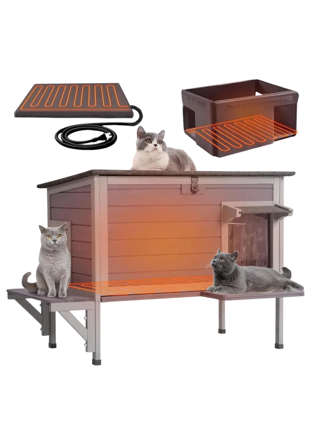 Heated Cat House 34", Wood with Heating Pad, Thermal Liner, Elevated Base & Side Platforms