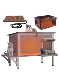 Heated Cat House 34", Wood with Heating Pad, Thermal Liner, Elevated Base & Side Platforms