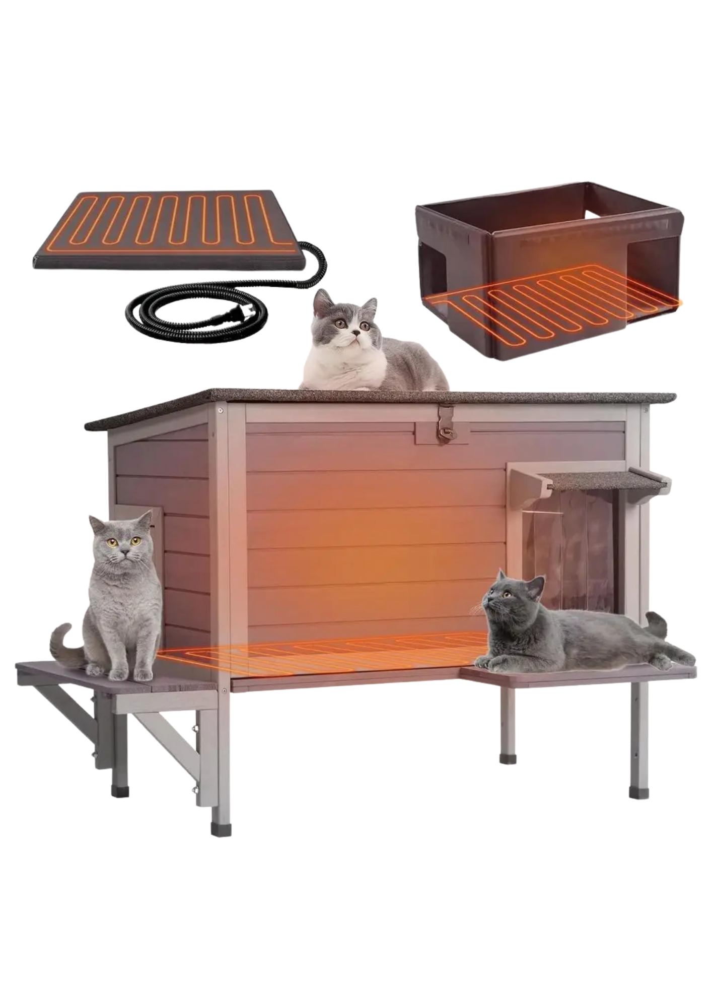 Heated Cat House 34", Wood with Heating Pad, Thermal Liner, Elevated Base & Side Platforms