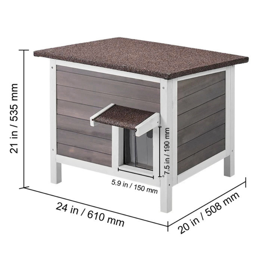 Insulated Cat House 24", Cedar with Foam Insulation, Sloped Roof & Door Curtain