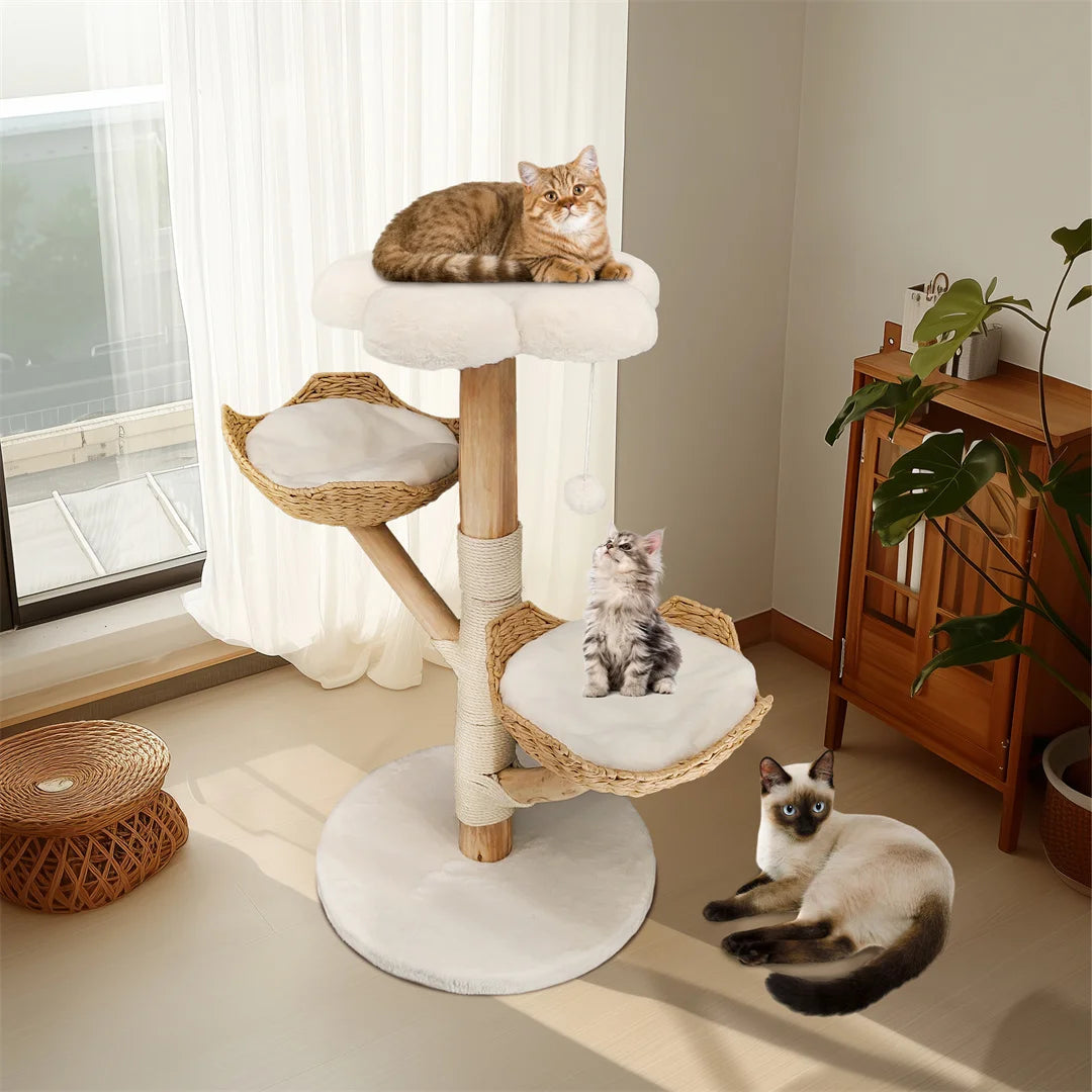 Cat Tree 44", Solid Wood with Natural Baskets, Sisal Post & Dangling Ball