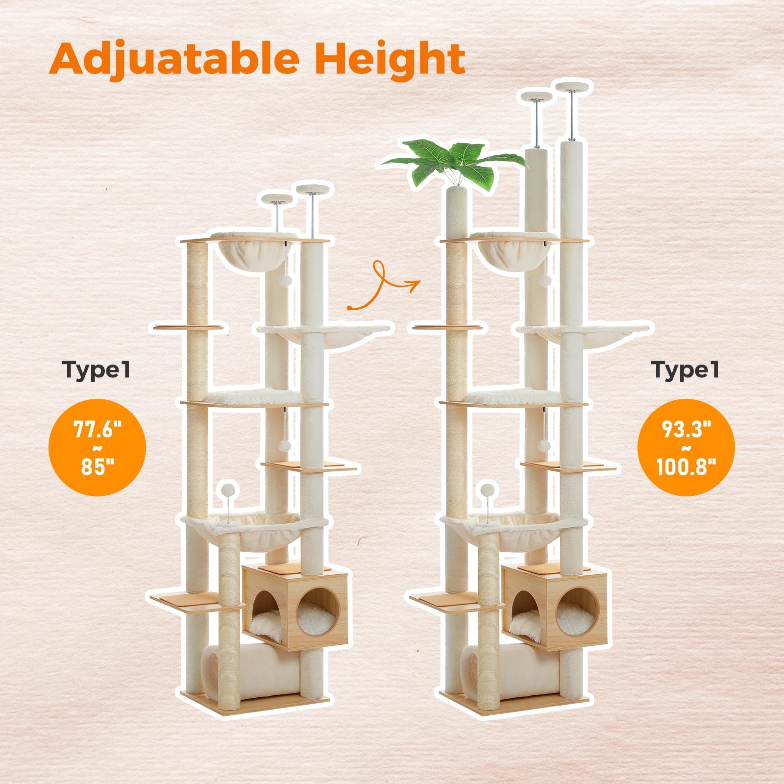 Cat Tree Floor to Ceiling 93"-101", Wooden Tower with Hammock, Condo & Sisal Posts
