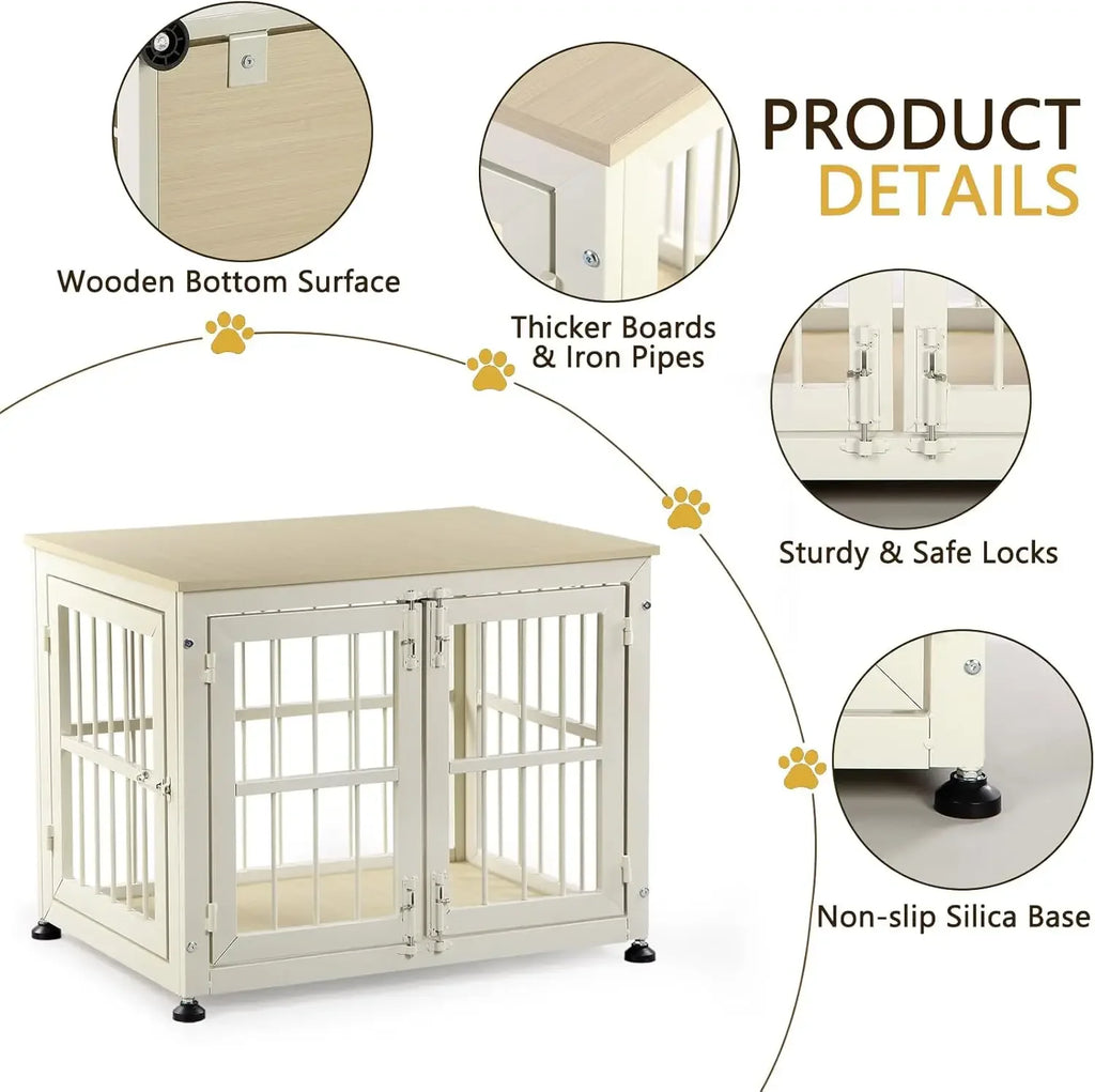 Dog Crate Furniture 27", Wood & Iron with Double Doors, 6 Slide Locks & Adjustable Feet