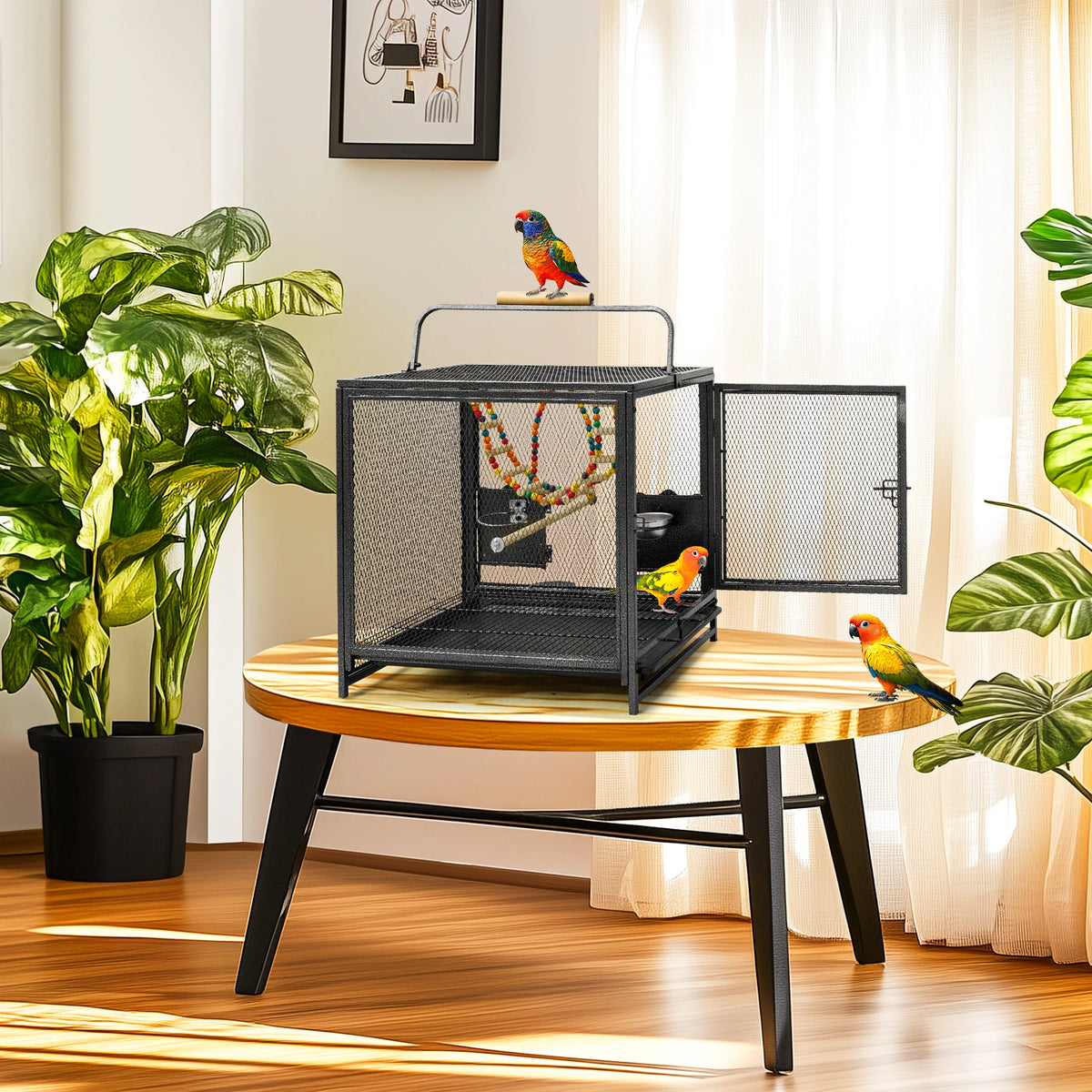 Bird Cage Travel Carrier 23", Wrought Iron Mesh with Wood-Grip Handle, Side Feeder Doors, Wood Perches & Pull-Out Tray