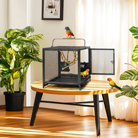 Bird Cage Travel Carrier 23", Wrought Iron Mesh with Wood-Grip Handle, Side Feeder Doors, Wood Perches & Pull-Out Tray