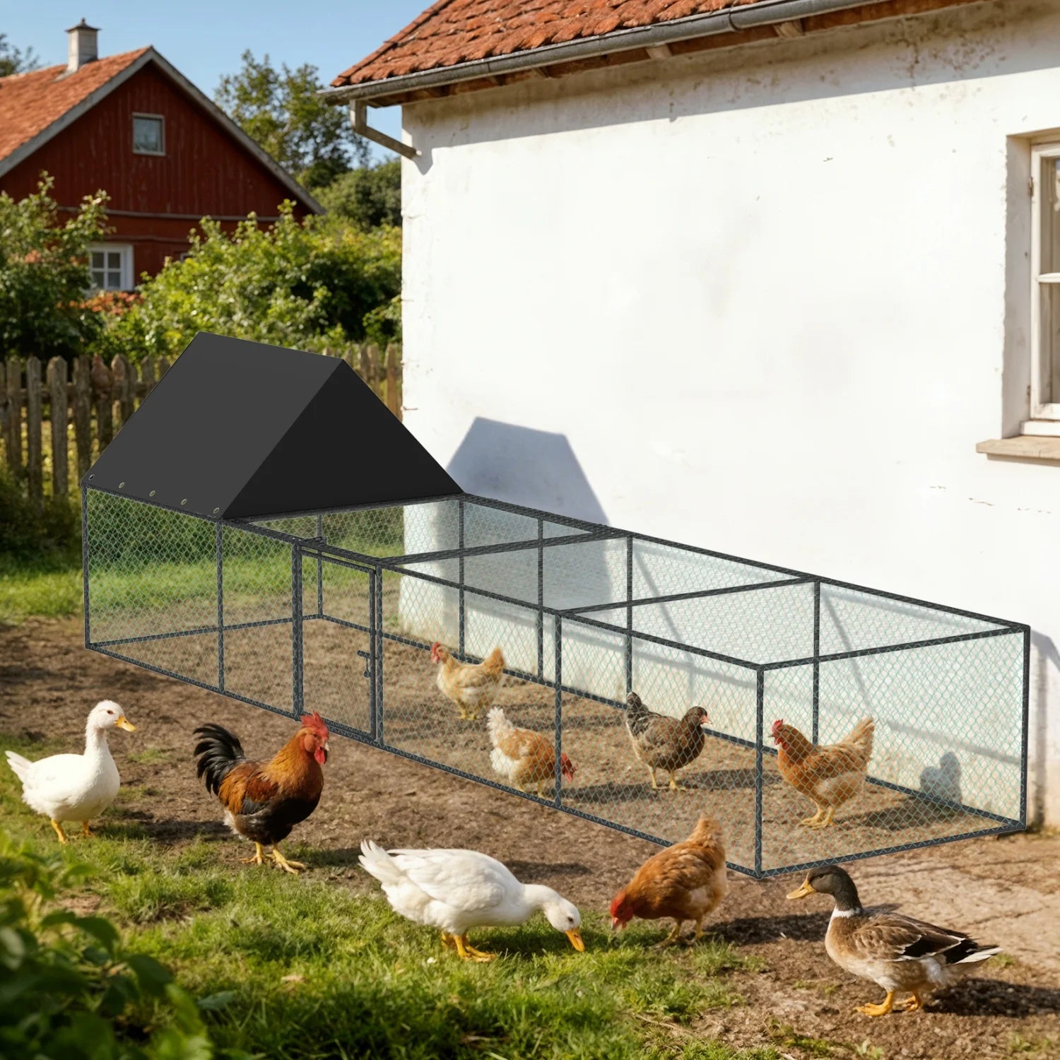 Chicken Coop Run 125", Metal Tunnel Pen with Nylon Netting, Waterproof Cover & Ground Pegs